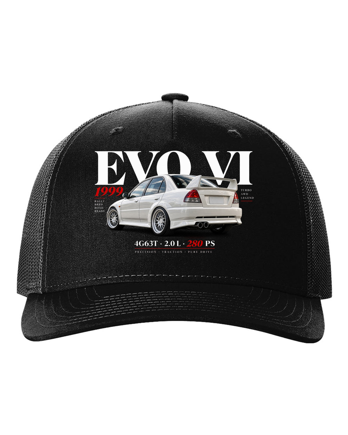 Mitsubishi Lancer Evolution VI TME CP9A editorial headline with 4G63T specs black hat front view with the design