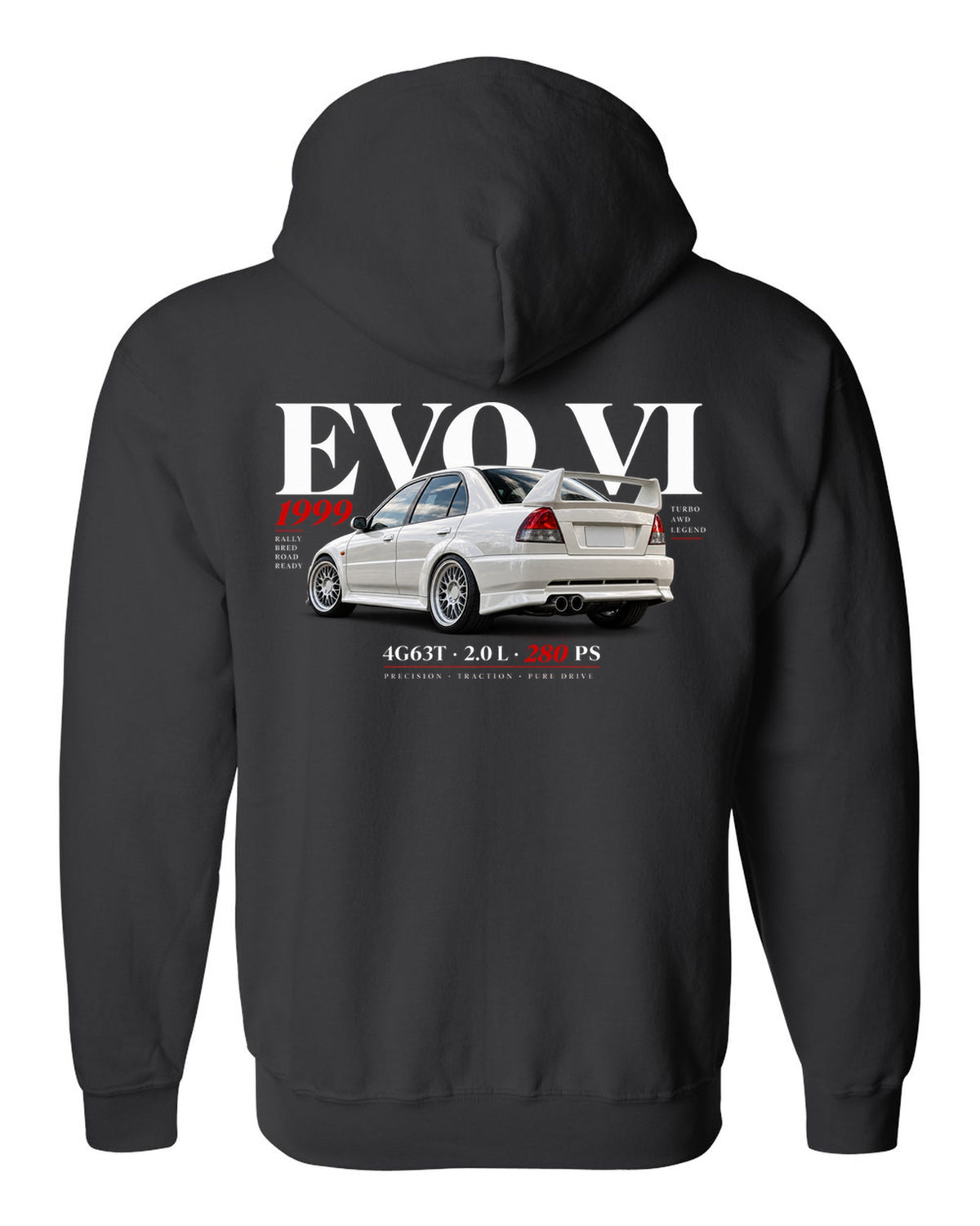 Mitsubishi Lancer Evolution VI TME CP9A editorial headline with 4G63T specs black zip hoodie back view with the design