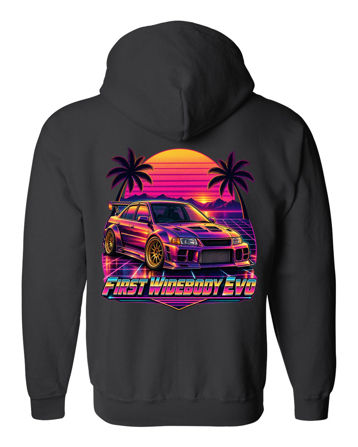 Exploded cutaway engine diagram of a Mitsubishi Lancer Evolution X CZ4A black zip hoodie back view with the design