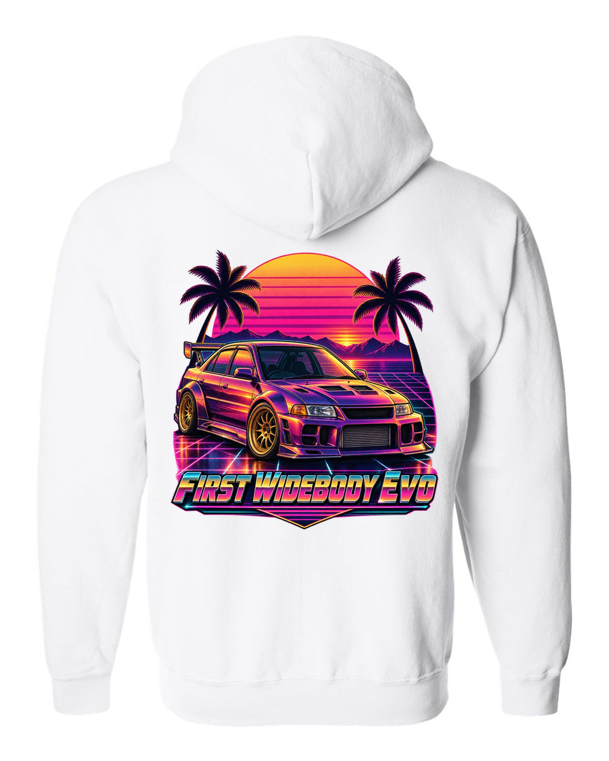 Exploded cutaway engine diagram of a Mitsubishi Lancer Evolution X CZ4A white zip hoodie back view with the design