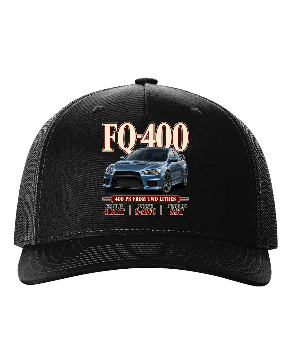 Mitsubishi Lancer Evolution X FQ-400 low front three-quarter archive panel print black hat front view with the design