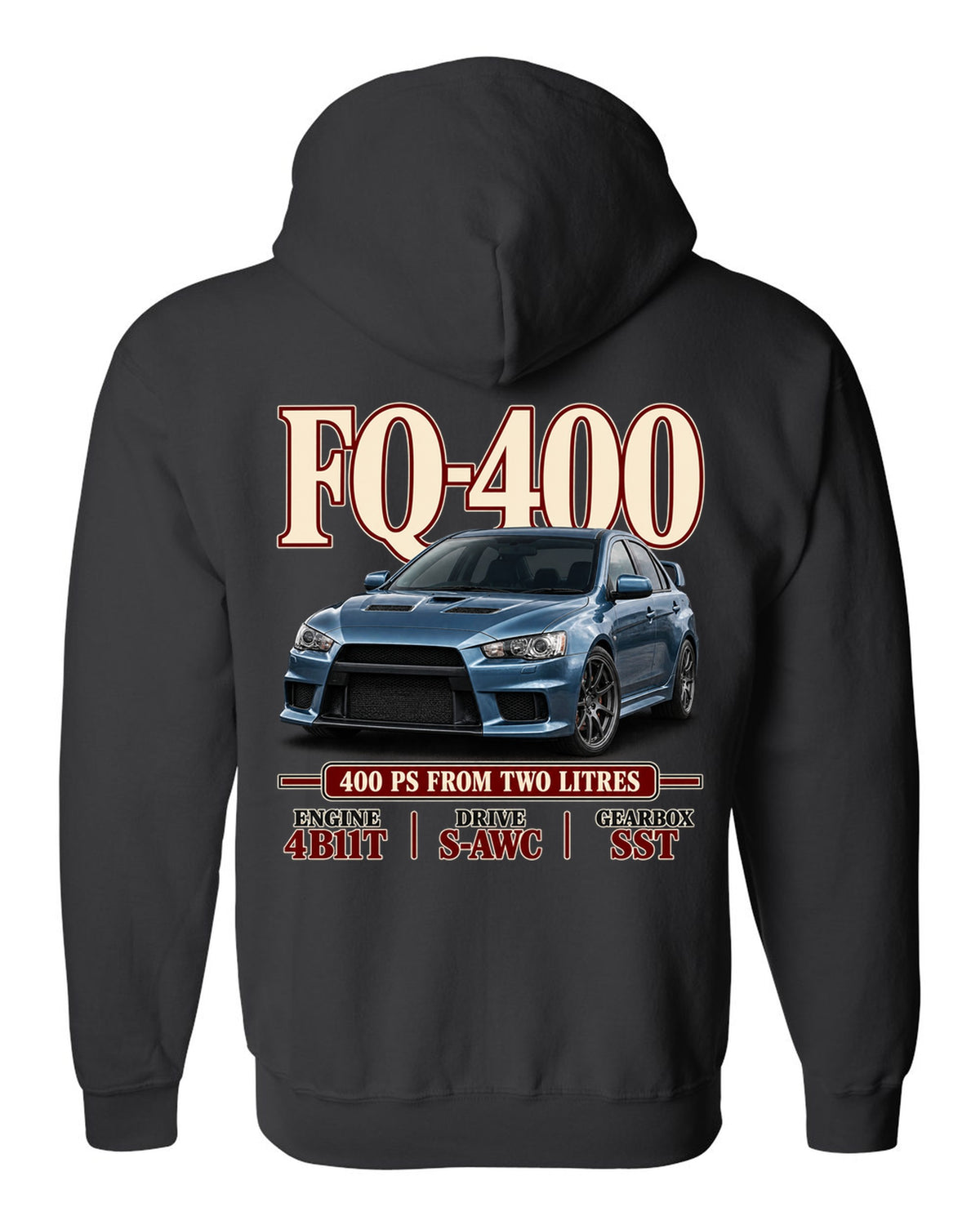 Mitsubishi Lancer Evolution X FQ-400 low front three-quarter archive panel print black zip hoodie back view with the design