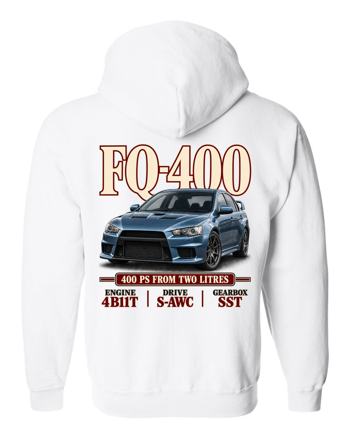 Mitsubishi Lancer Evolution X FQ-400 low front three-quarter archive panel print white zip hoodie back view with the design