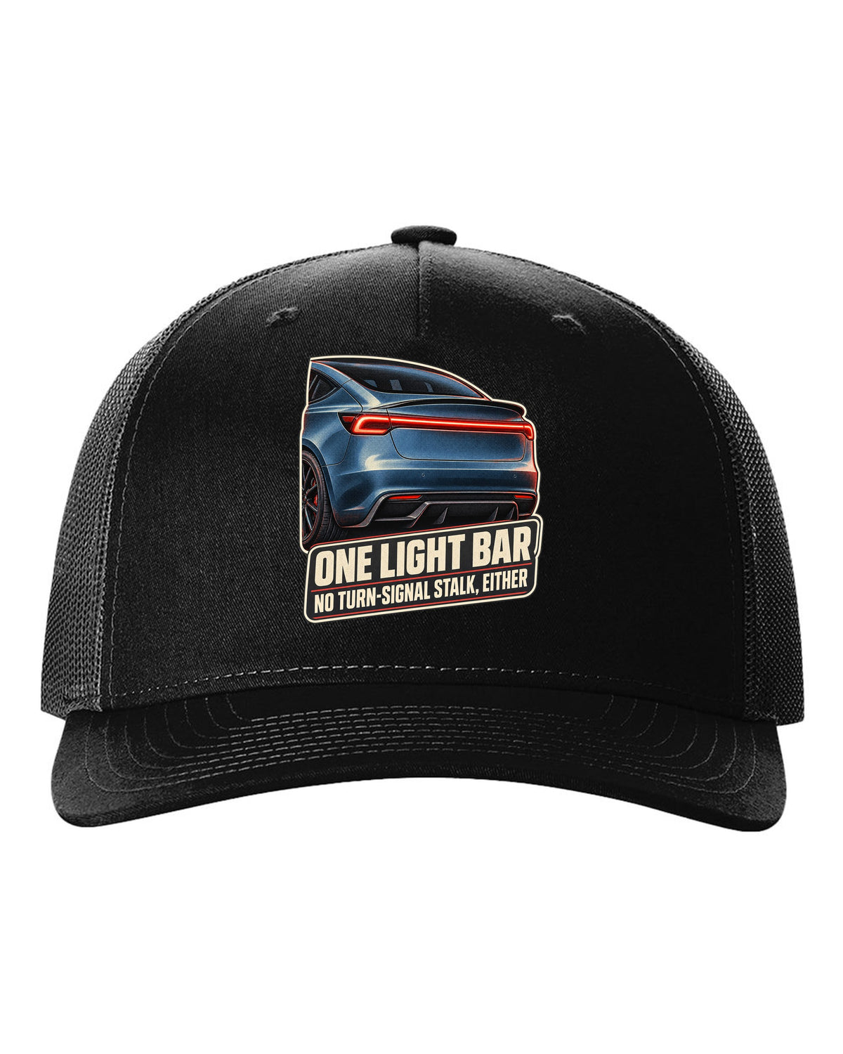 Rear taillight macro print of a Tesla Model 3 Performance Highland with a light bar black hat front view with the design