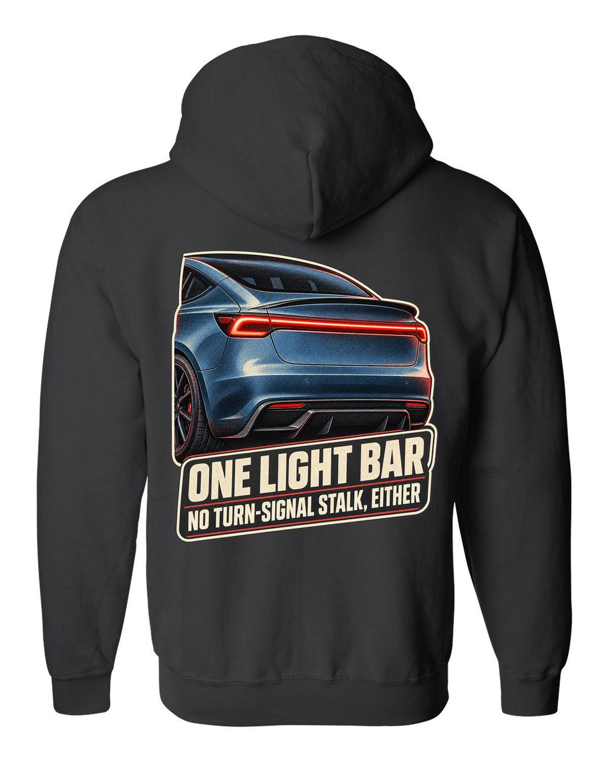 Rear taillight macro print of a Tesla Model 3 Performance Highland with a light bar black zip hoodie back view with the design