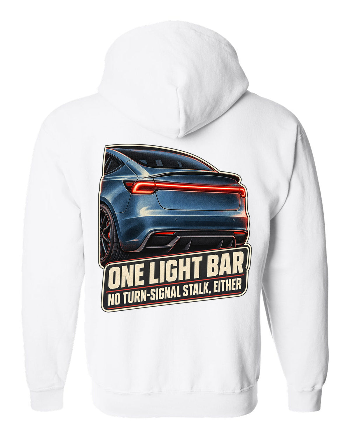 Rear taillight macro print of a Tesla Model 3 Performance Highland with a light bar white zip hoodie back view with the design