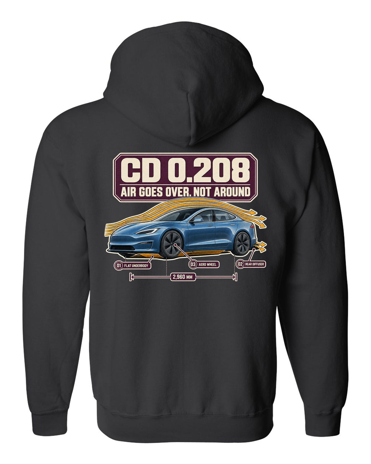 Aero callout print of a Tesla Model S Plaid with drag coefficient 0.208 black zip hoodie back view with the design