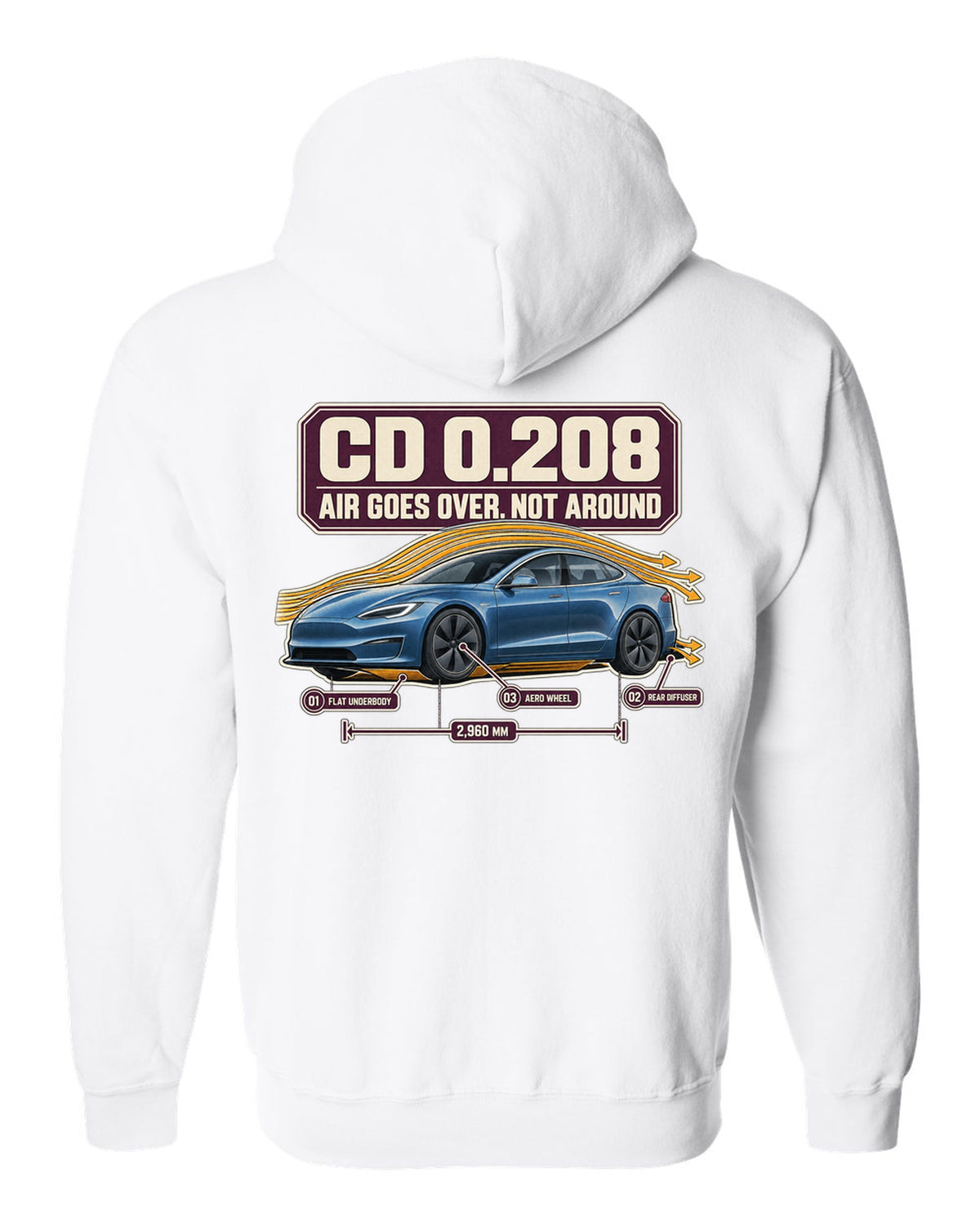 Aero callout print of a Tesla Model S Plaid with drag coefficient 0.208 white zip hoodie back view with the design