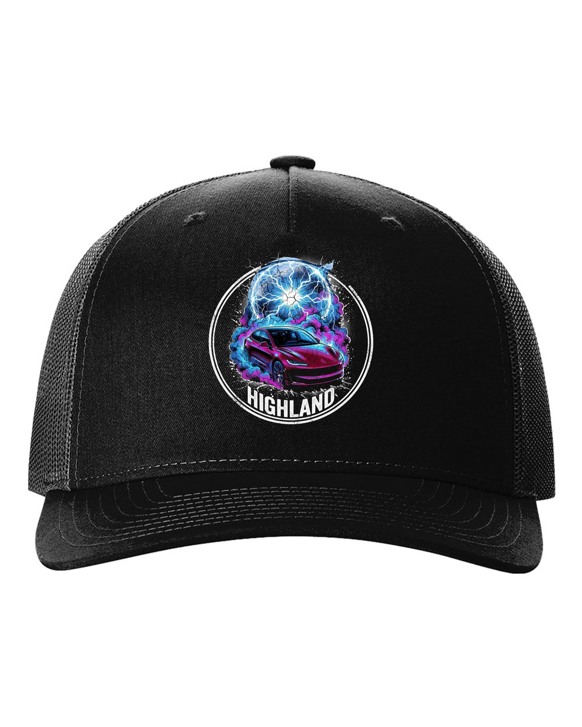 Tesla Model 3 Highland black trucker hat front view with the design