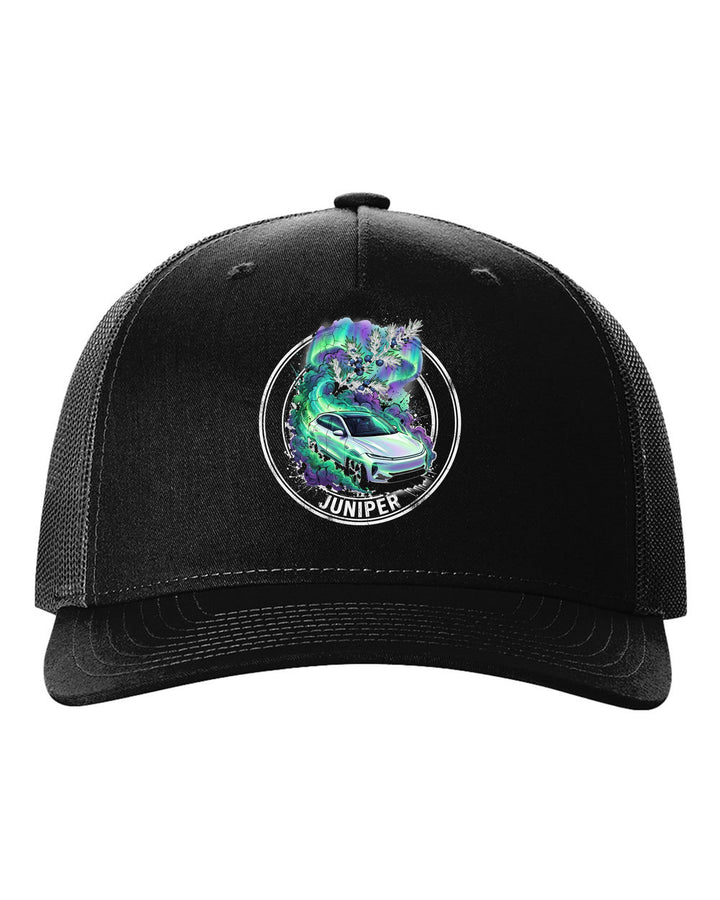 Tesla Model Y Juniper black trucker hat front view with the design