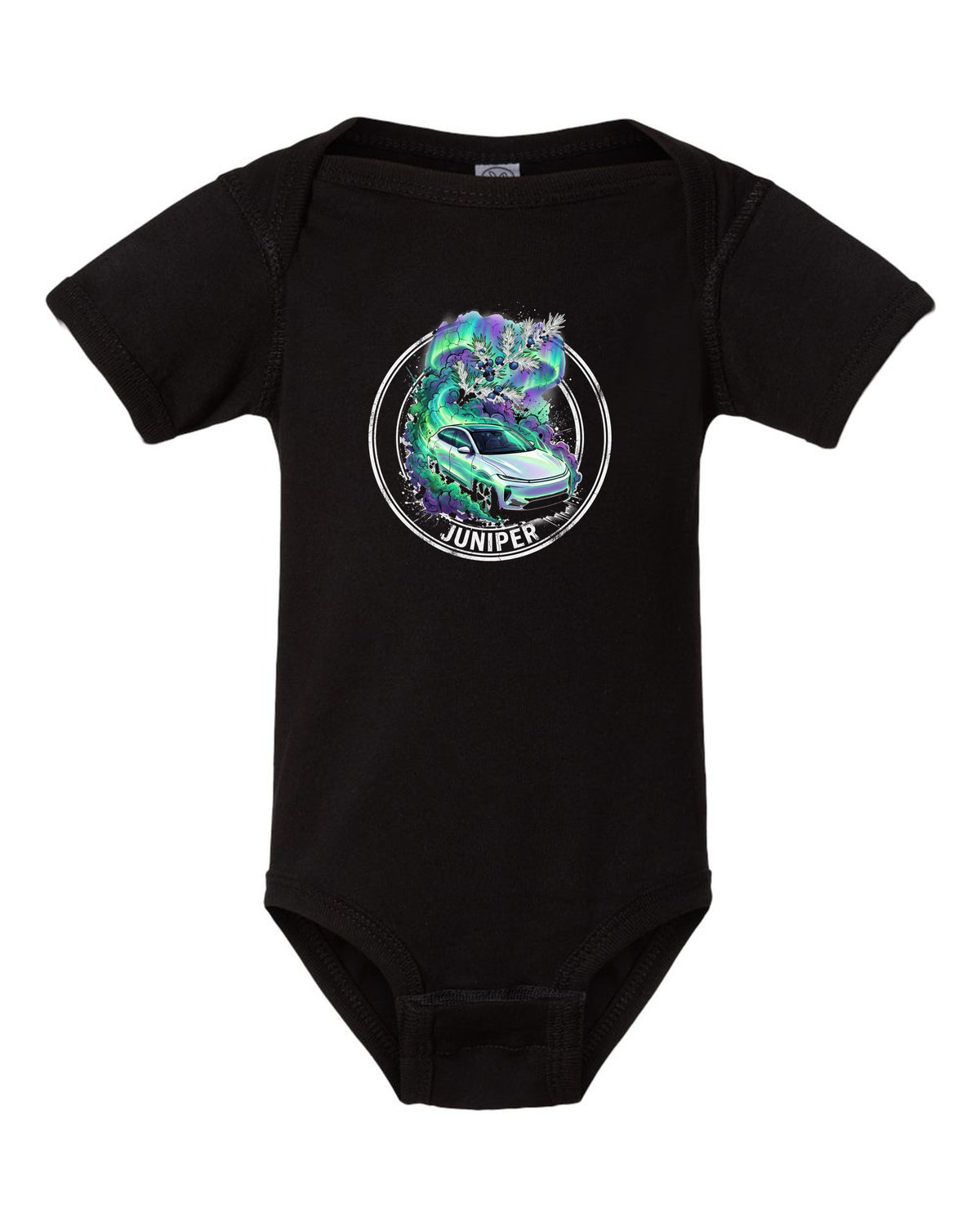 Tesla Model Y Juniper black baby onesie front view with the design