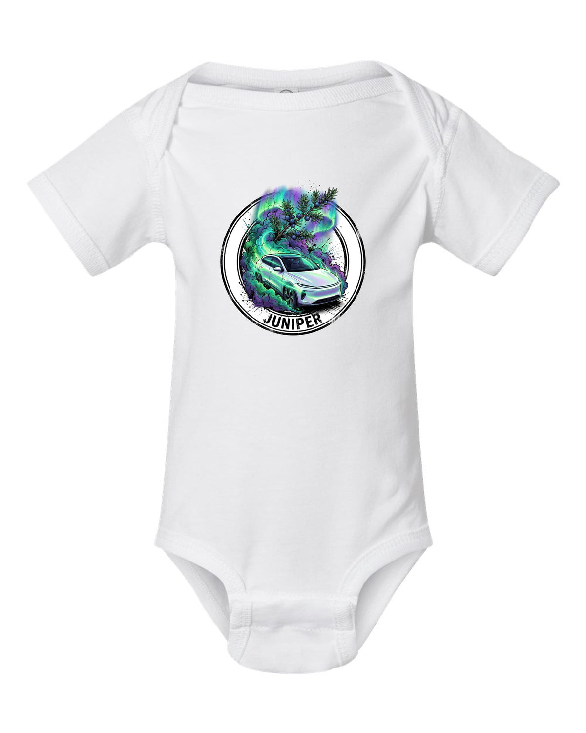 Tesla Model Y Juniper white baby onesie front view with the design