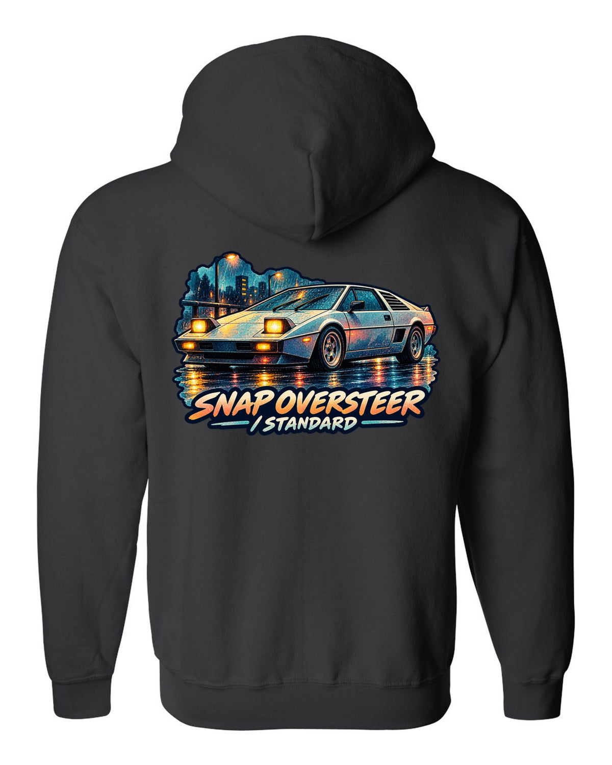 Watercolour wash of a Toyota MR2 AW11 driving in rain with oversteer slogan black zip hoodie back view with the design