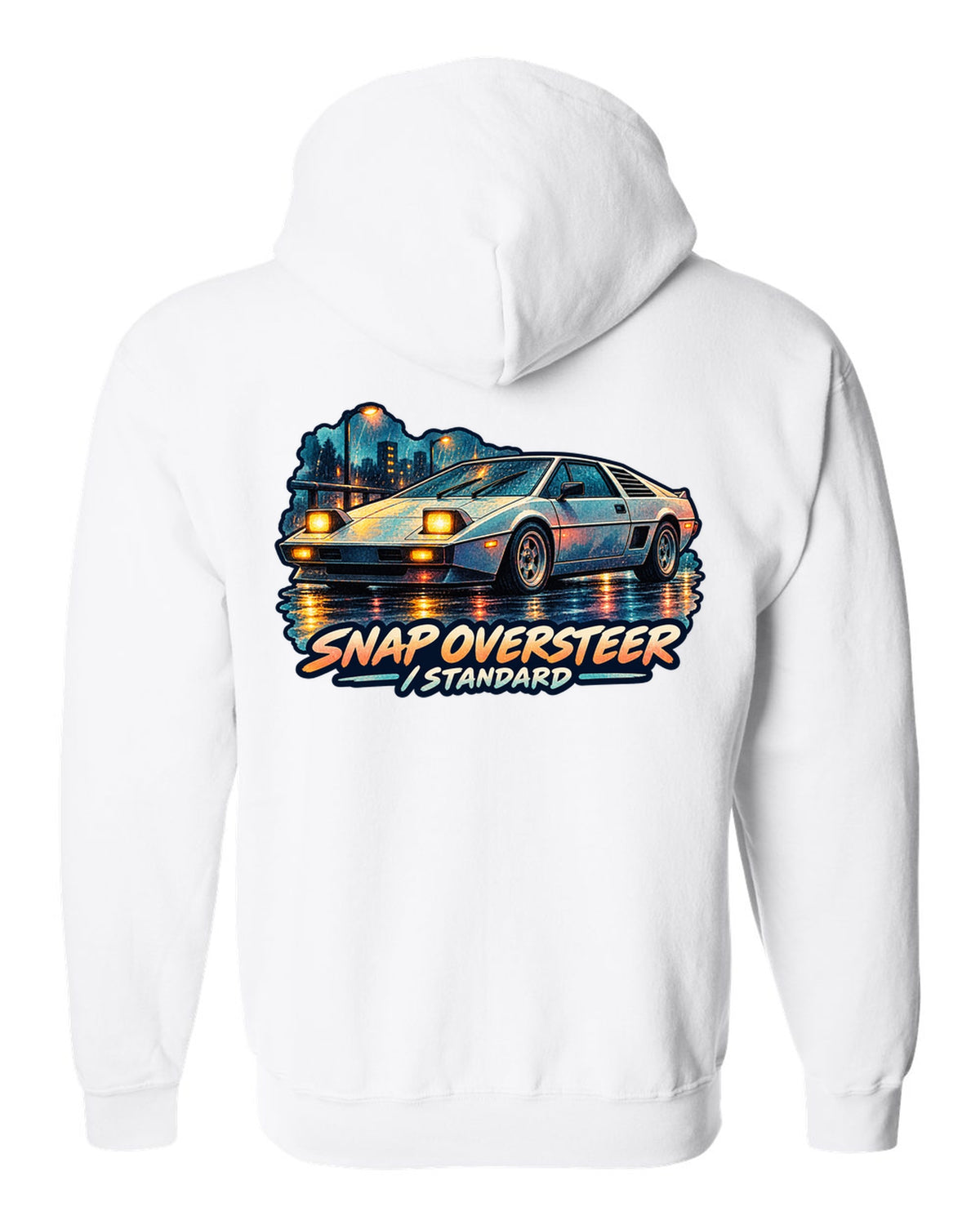 Watercolour wash of a Toyota MR2 AW11 driving in rain with oversteer slogan white zip hoodie back view with the design