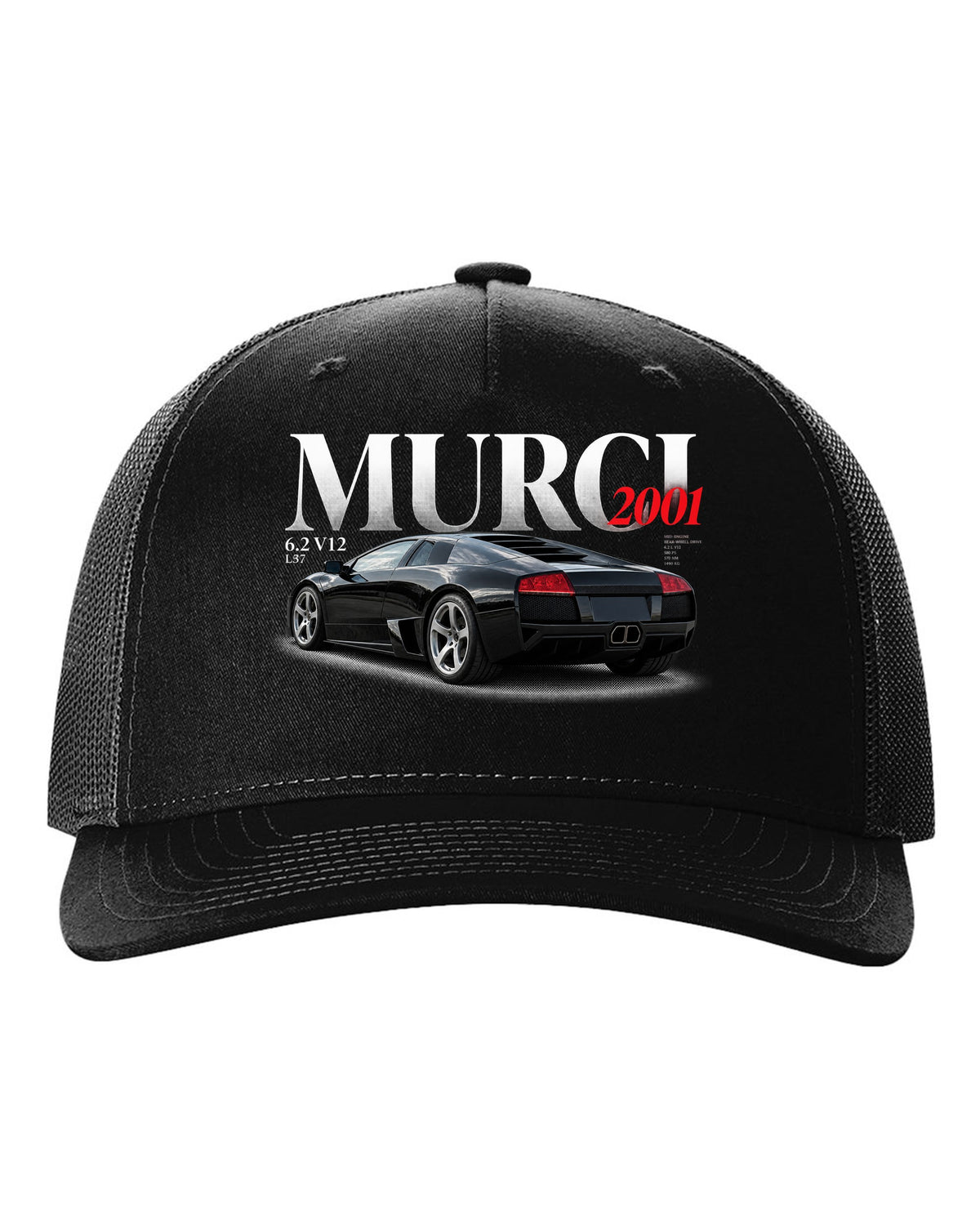 Editorial style print of a Lamborghini Murcielago L537 with 6.2 V12 and 2001 text black hat front view with the design