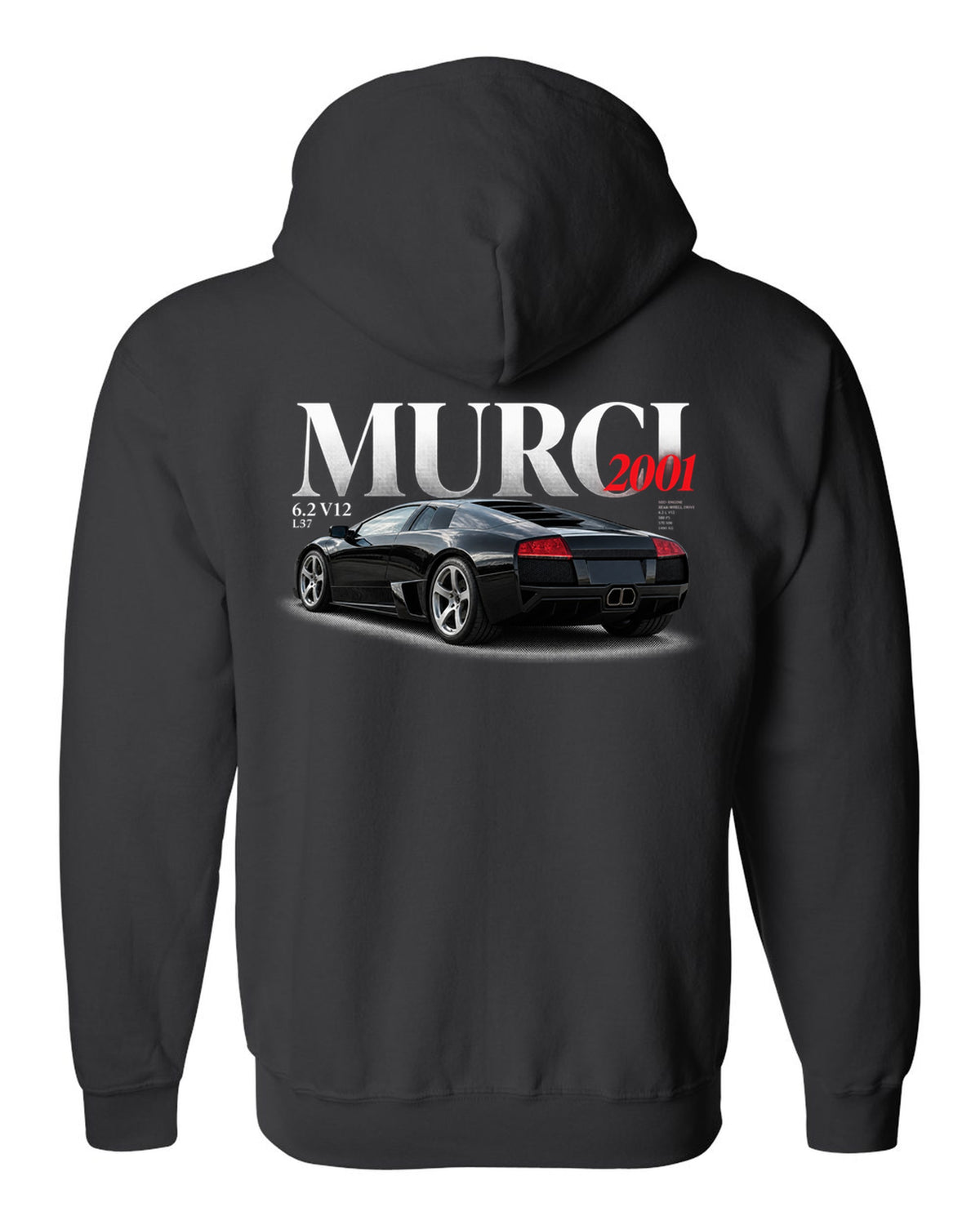 Editorial style print of a Lamborghini Murcielago L537 with 6.2 V12 and 2001 text black zip hoodie back view with the design