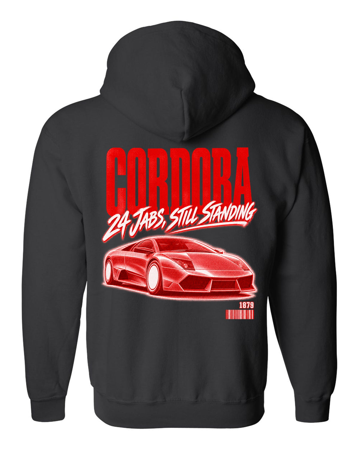 Street poster print of a Lamborghini Murcielago LP640 with Cordoba and 1879 text black zip hoodie back view with the design