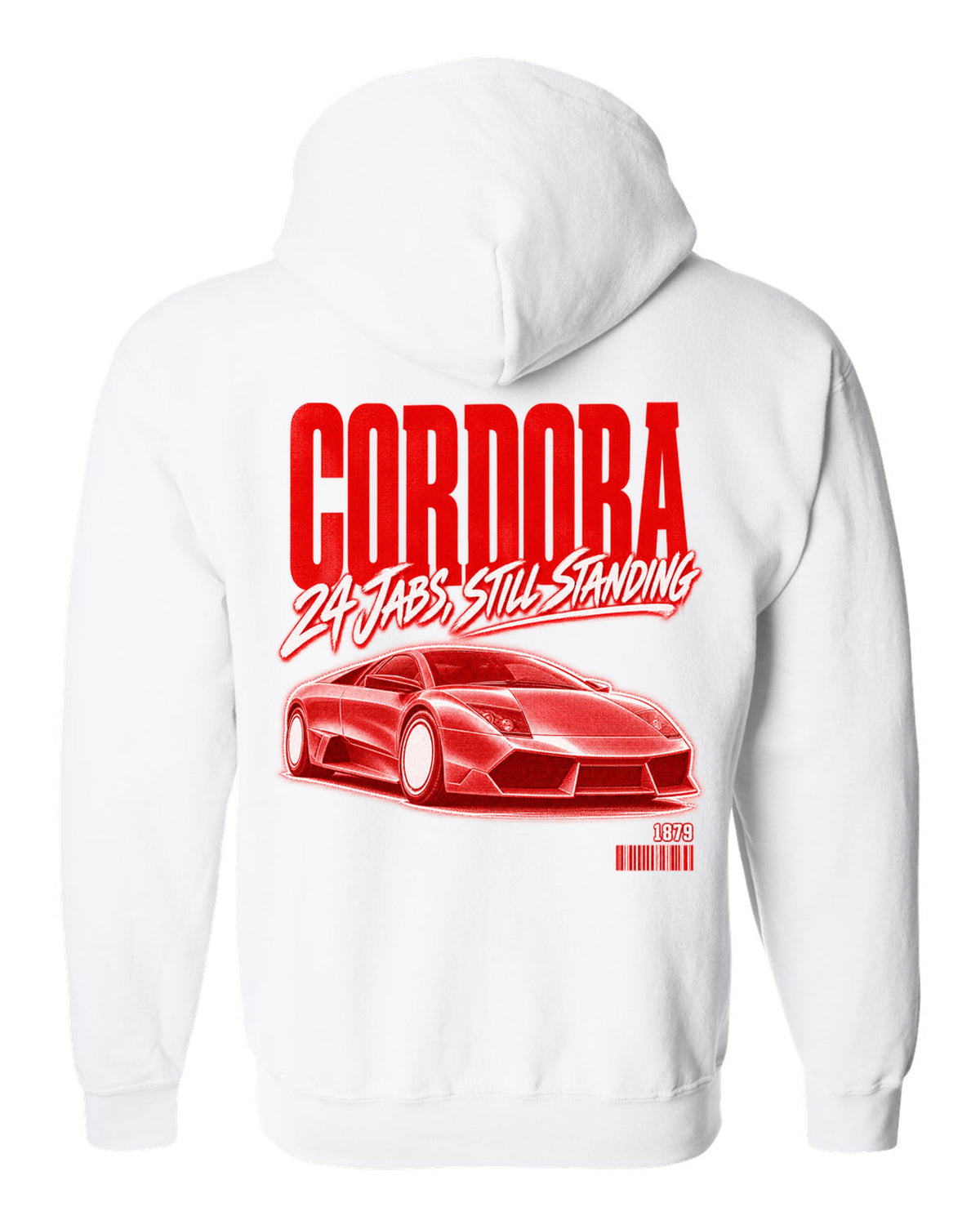 Street poster print of a Lamborghini Murcielago LP640 with Cordoba and 1879 text white zip hoodie back view with the design