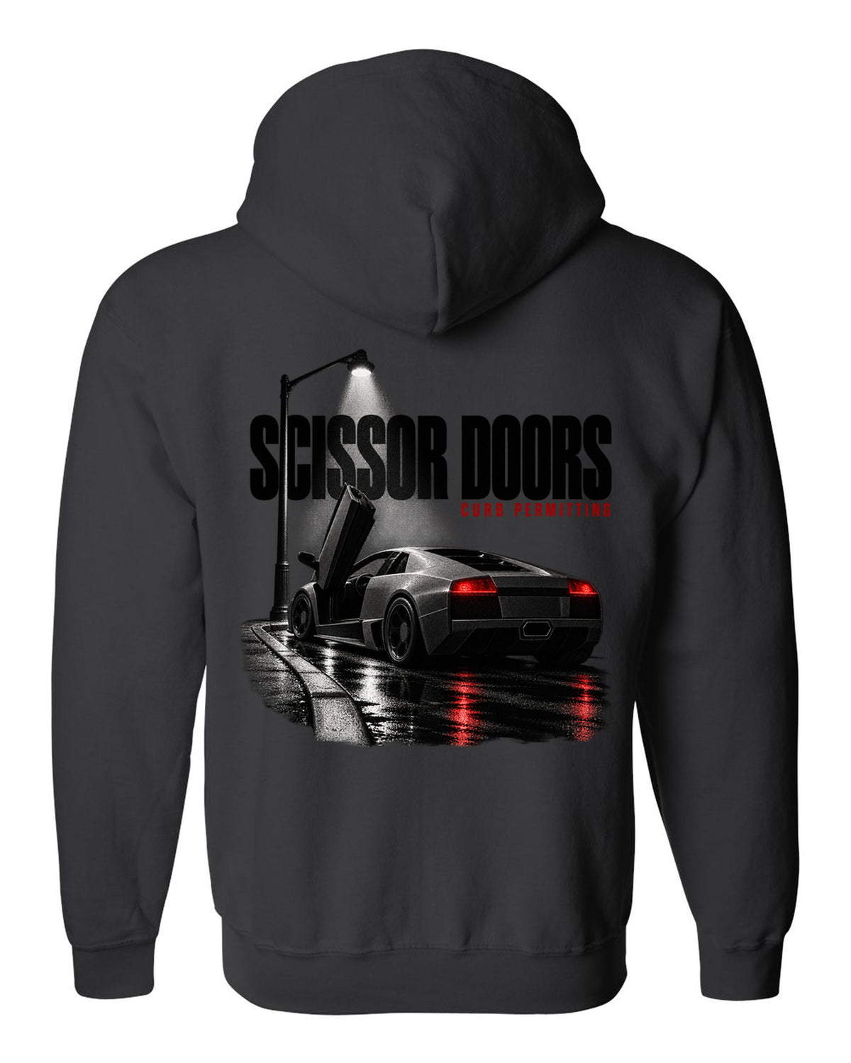 Garage night print of a Lamborghini Murcielago LP640 with scissor doors raised black zip hoodie back view with the design