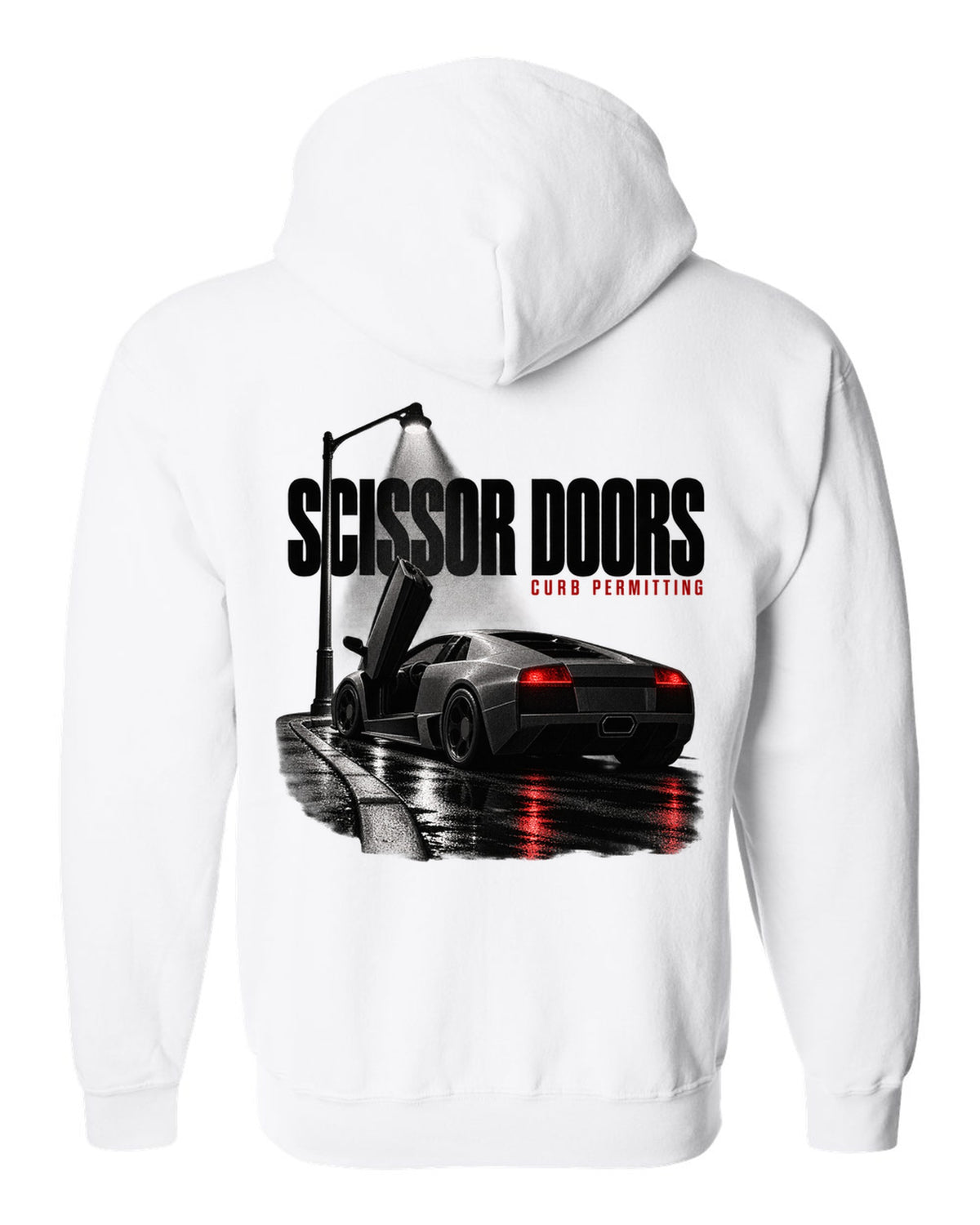 Garage night print of a Lamborghini Murcielago LP640 with scissor doors raised white zip hoodie back view with the design