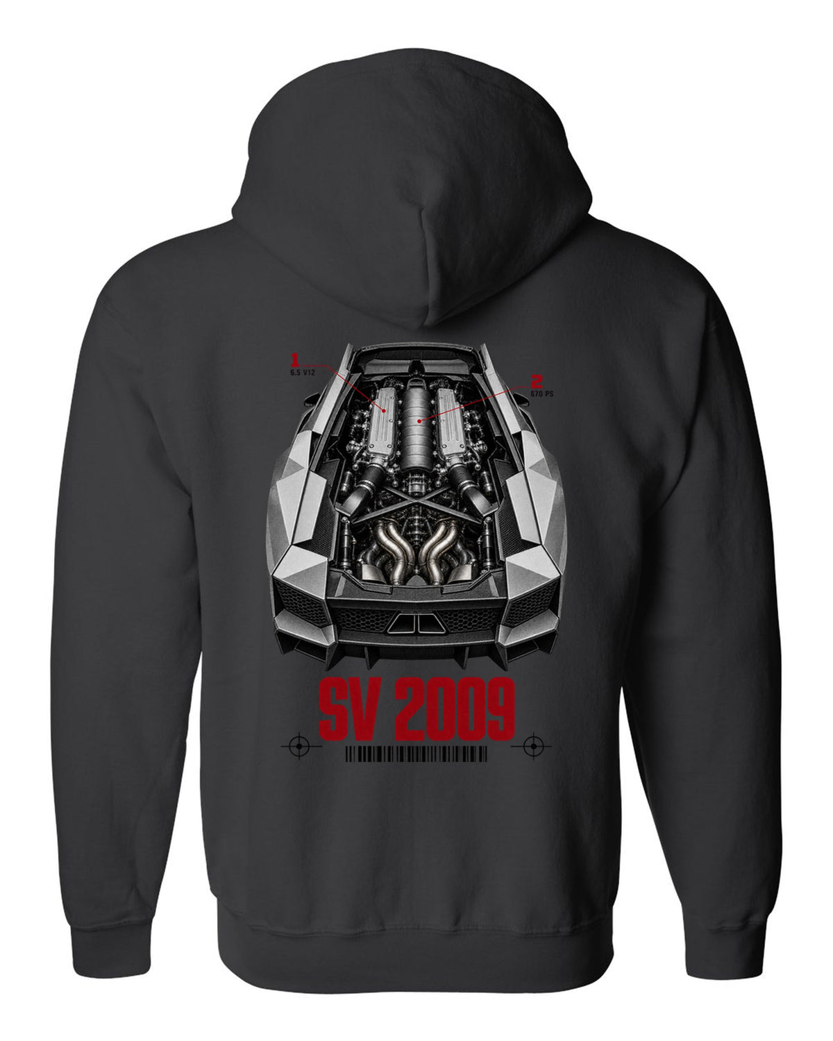 Engine hero print of a Lamborghini Murcielago LP670-4 SV with 6.5 V12 and 670 PS callouts black zip hoodie back view with the design
