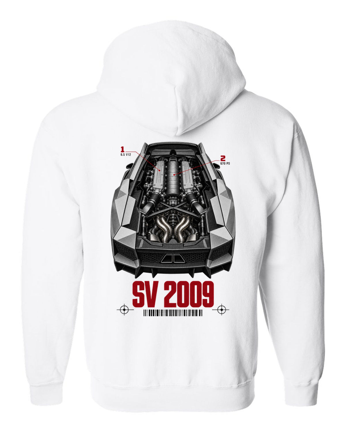 Engine hero print of a Lamborghini Murcielago LP670-4 SV with 6.5 V12 and 670 PS callouts white zip hoodie back view with the design