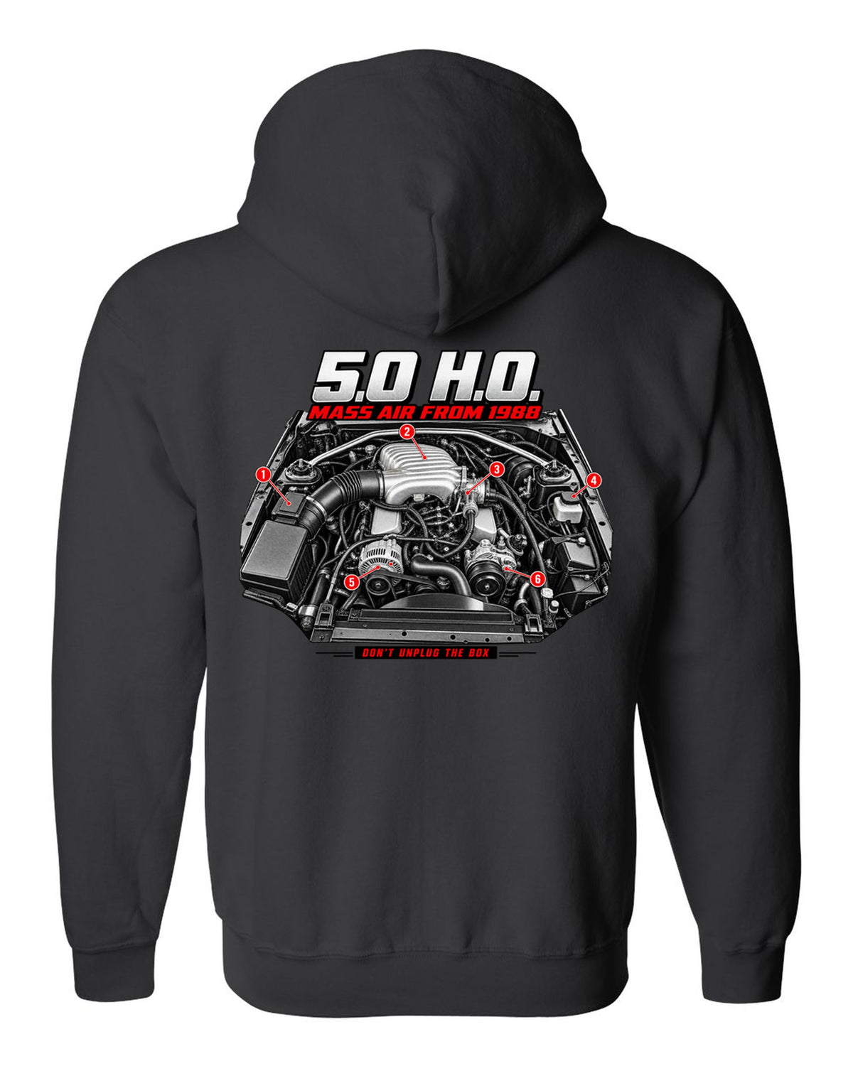 print of a 1989 Ford Mustang Fox Body 5.0 H.O. engine bay black zip hoodie back view with the design