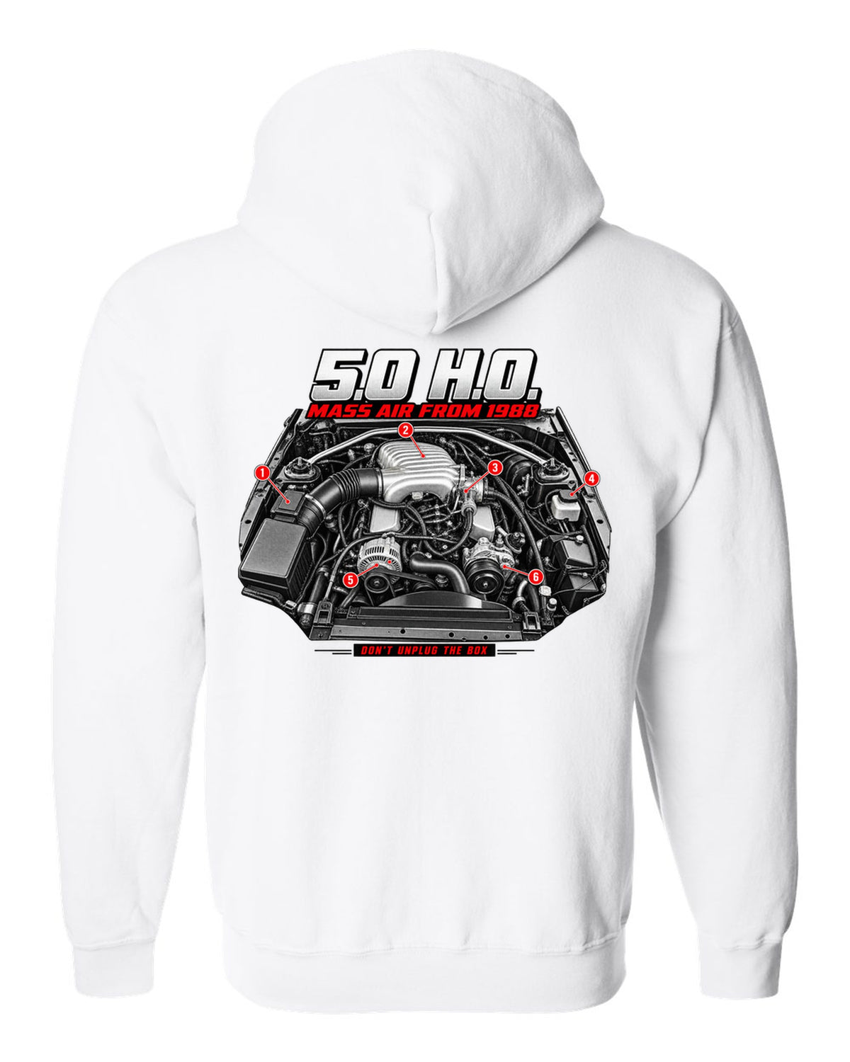 print of a 1989 Ford Mustang Fox Body 5.0 H.O. engine bay white zip hoodie back view with the design