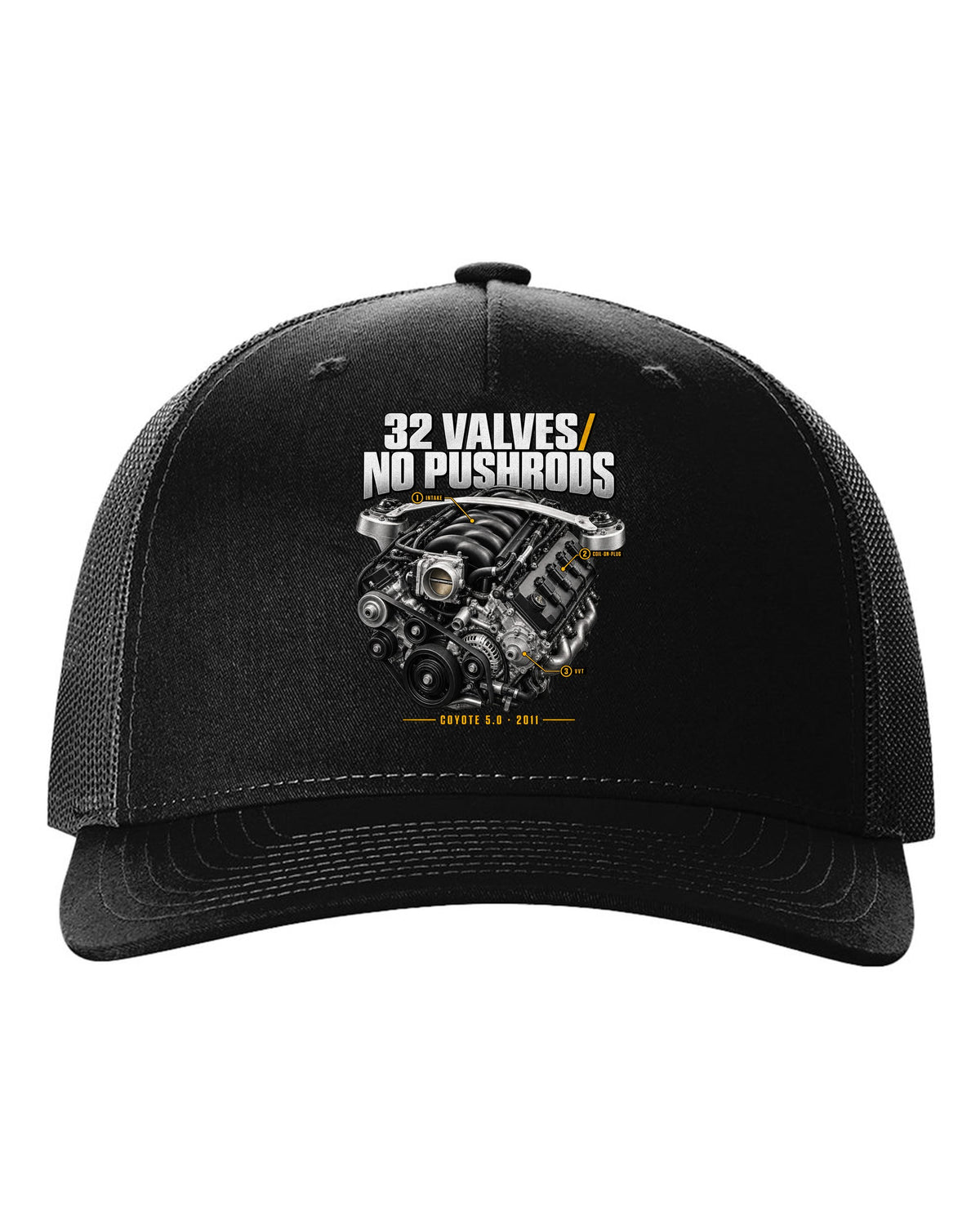 print of a Ford Mustang S197 GT 5.0 Coyote engine bay with callouts black hat front view with the design
