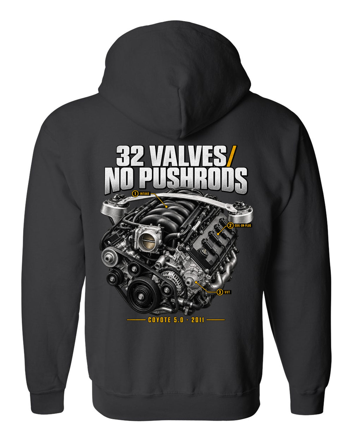 print of a Ford Mustang S197 GT 5.0 Coyote engine bay with callouts black zip hoodie back view with the design