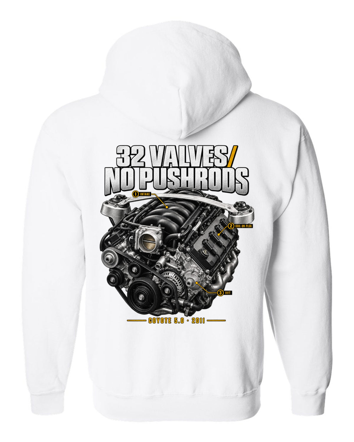 print of a Ford Mustang S197 GT 5.0 Coyote engine bay with callouts white zip hoodie back view with the design