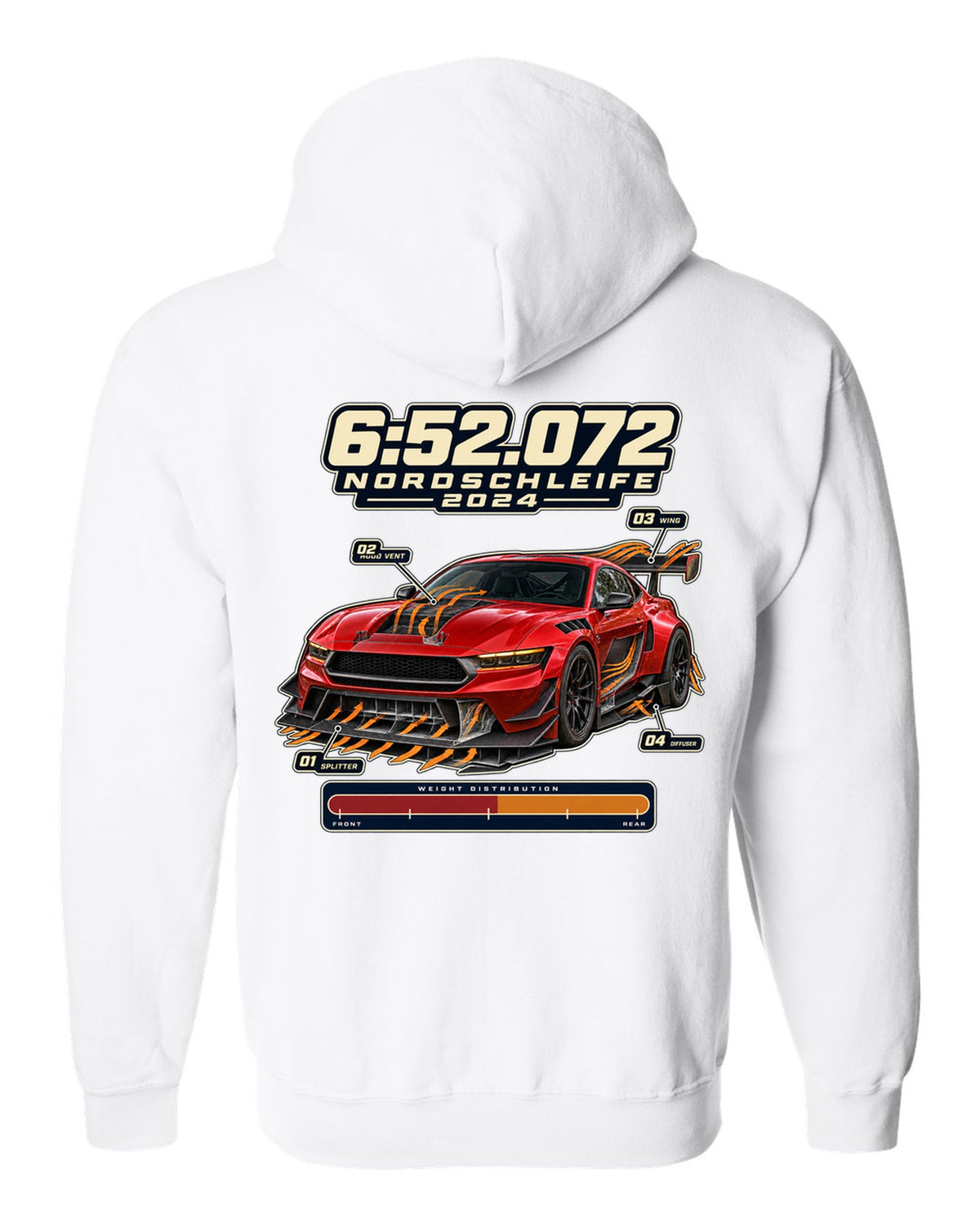 print of a Mustang GTD with aero callouts and 6:52.072 Nordschleife 2024 text white zip hoodie back view with the design