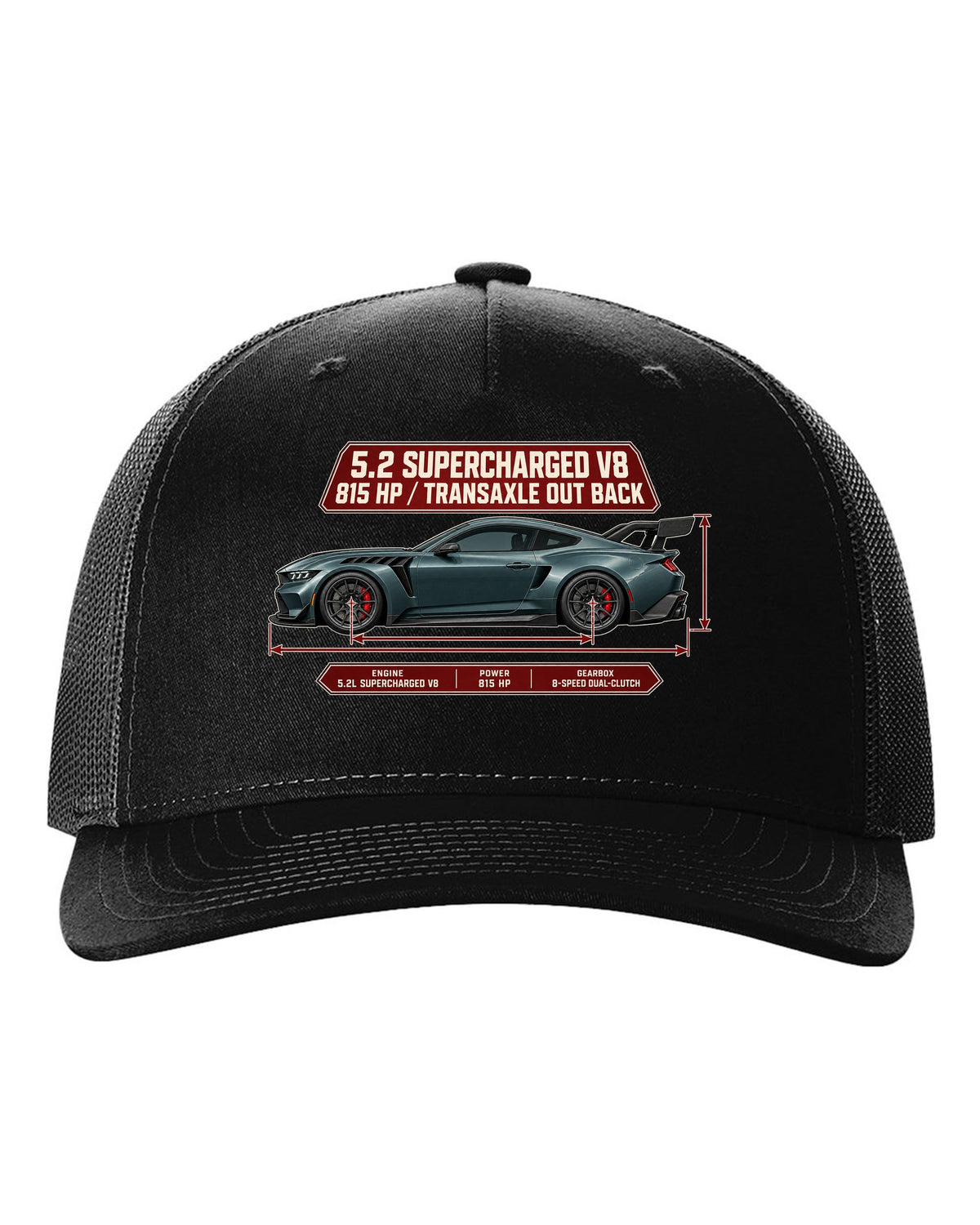 print of a Mustang GTD dimension blueprint with 5.2 supercharged V8 and 815 HP text black hat front view with the design