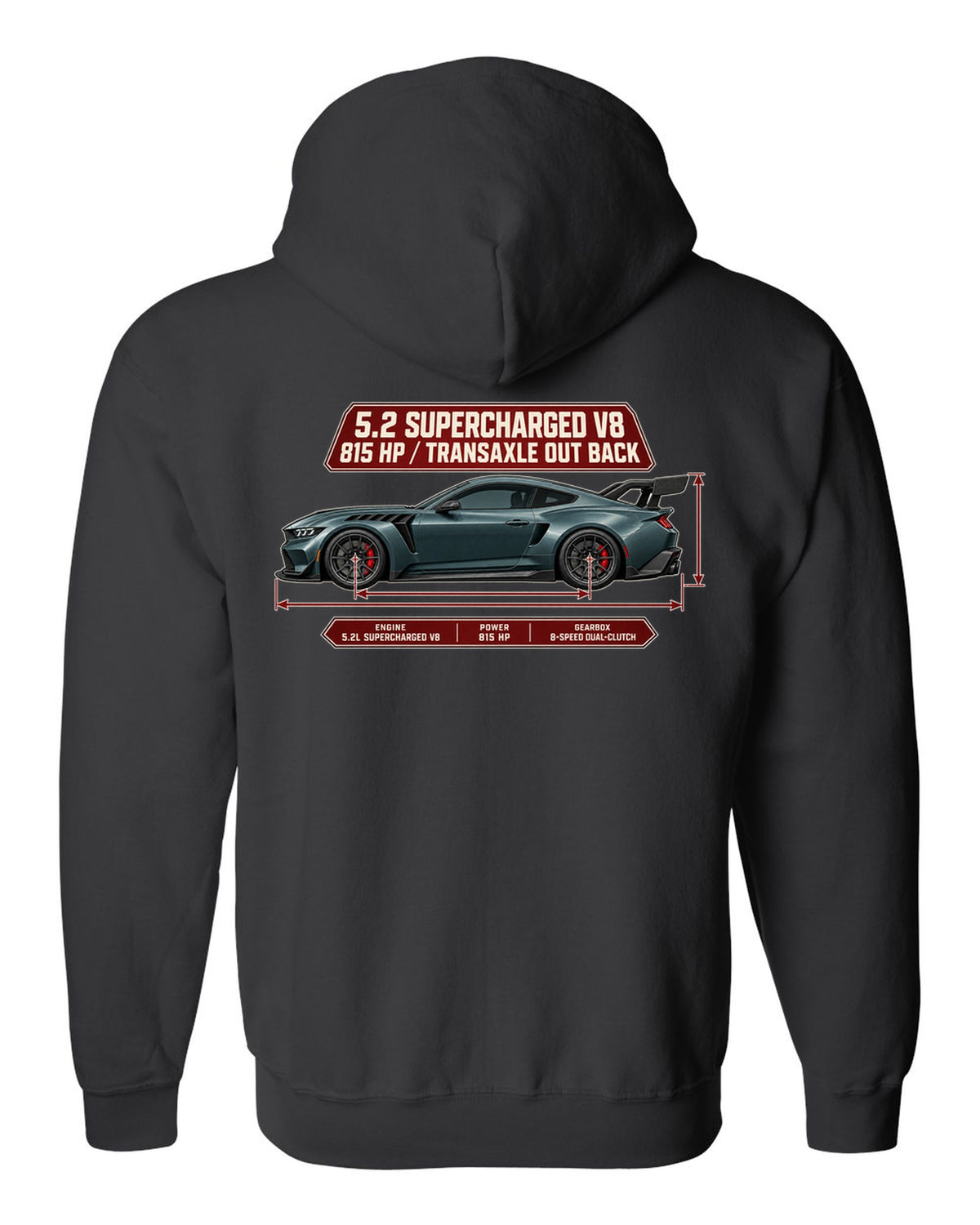 print of a Mustang GTD dimension blueprint with 5.2 supercharged V8 and 815 HP text black zip hoodie back view with the design