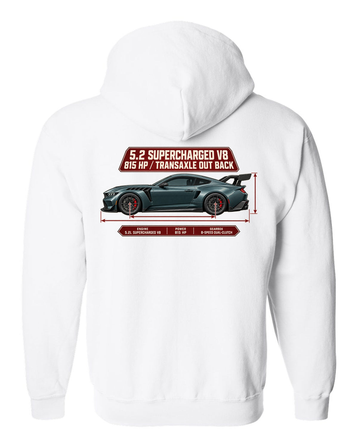 print of a Mustang GTD dimension blueprint with 5.2 supercharged V8 and 815 HP text white zip hoodie back view with the design
