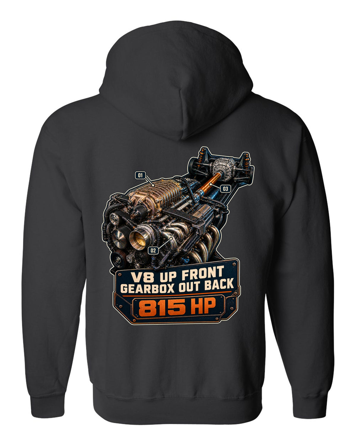 print of a Mustang GTD supercharged V8 engine with V8 up front gearbox out back text black zip hoodie back view with the design