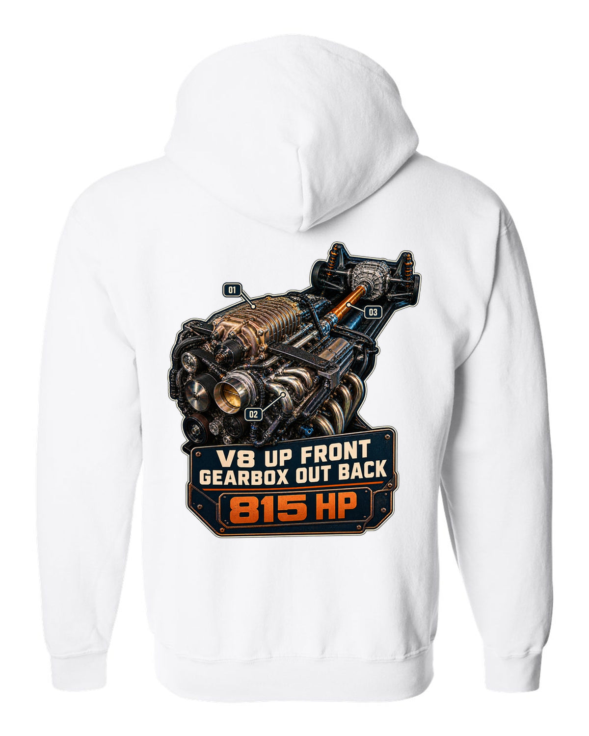 print of a Mustang GTD supercharged V8 engine with V8 up front gearbox out back text white zip hoodie back view with the design
