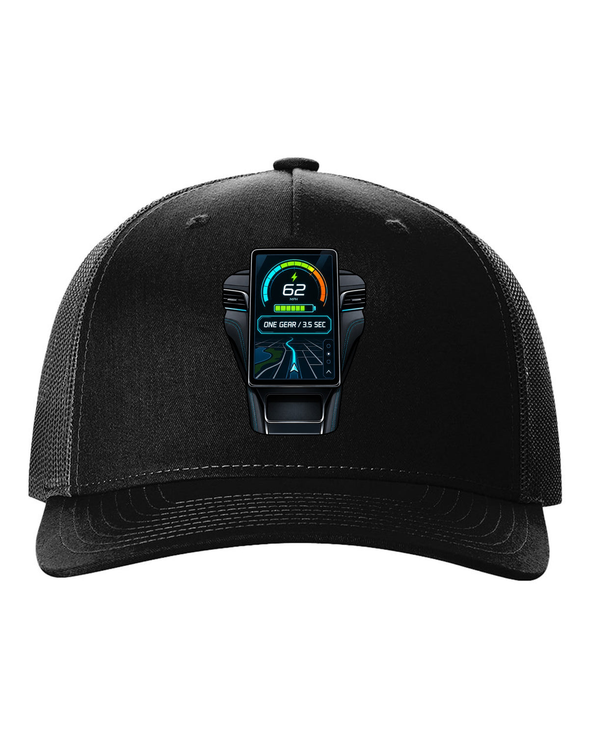 Round embroidery-style crest print for the 2020 Mustang Mach-E CX727 reading 88 kWh Extended Range black hat front view with the design