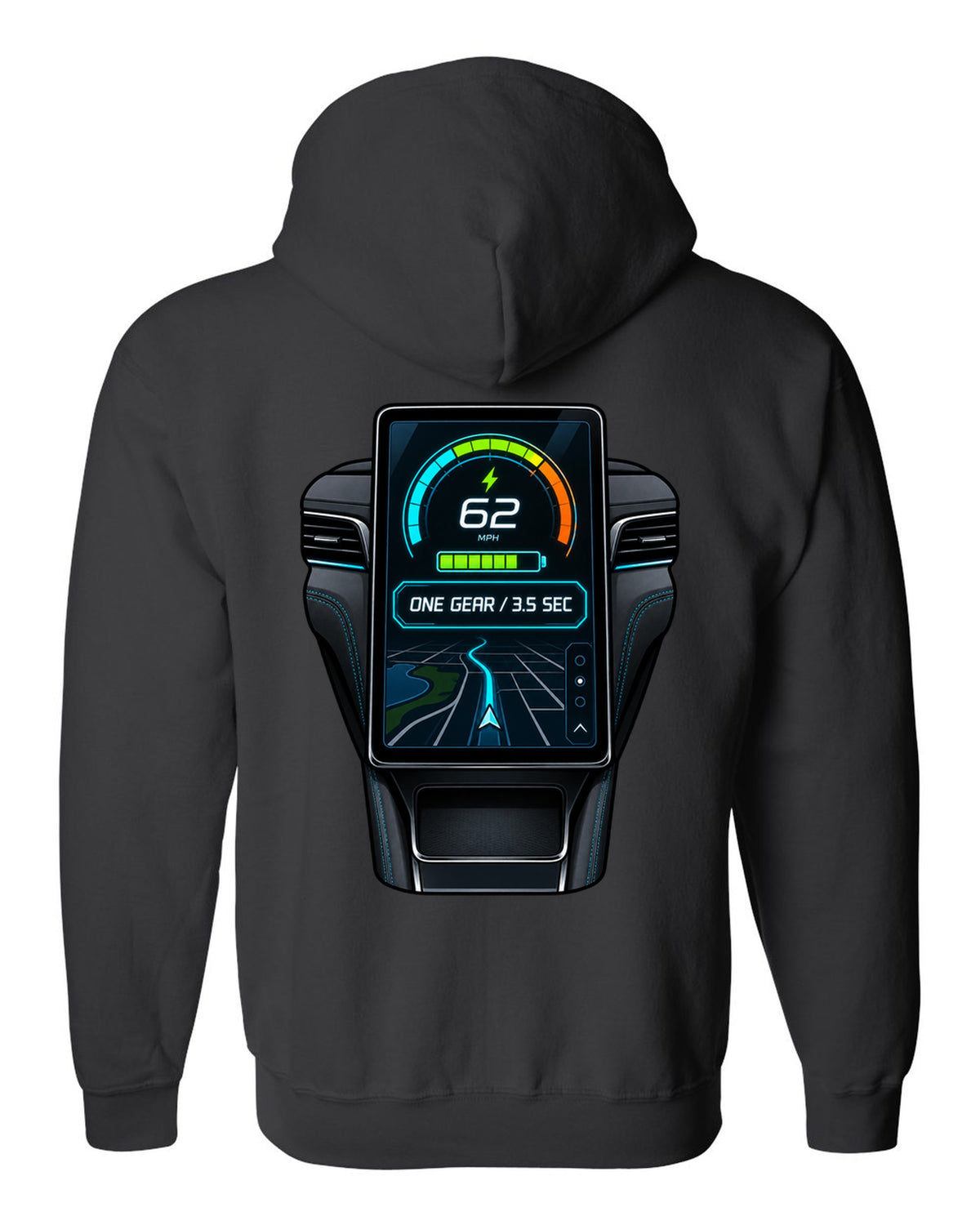 Round embroidery-style crest print for the 2020 Mustang Mach-E CX727 reading 88 kWh Extended Range black zip hoodie back view with the design