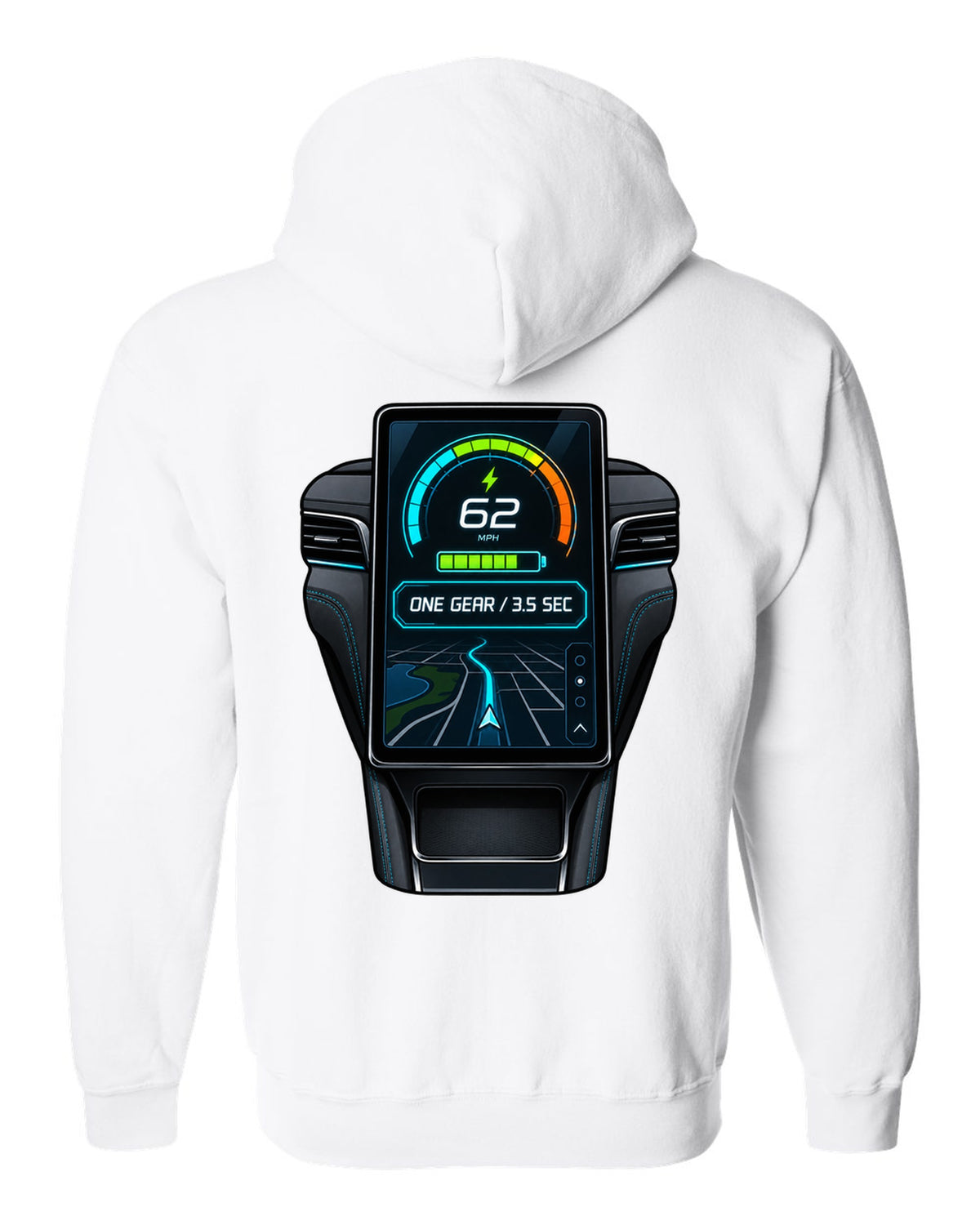 Round embroidery-style crest print for the 2020 Mustang Mach-E CX727 reading 88 kWh Extended Range white zip hoodie back view with the design