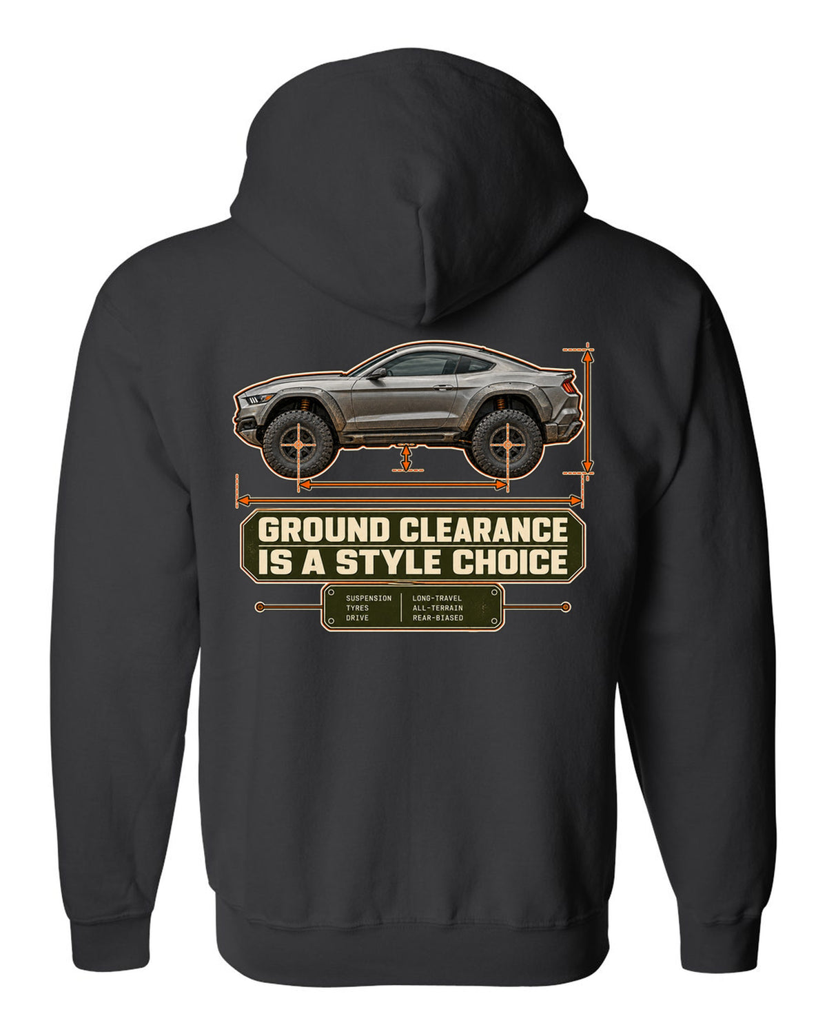 print of a Mustang Raptor concept dimension blueprint with ground clearance text black zip hoodie back view with the design