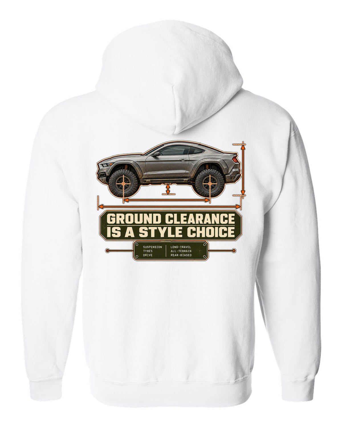 print of a Mustang Raptor concept dimension blueprint with ground clearance text white zip hoodie back view with the design