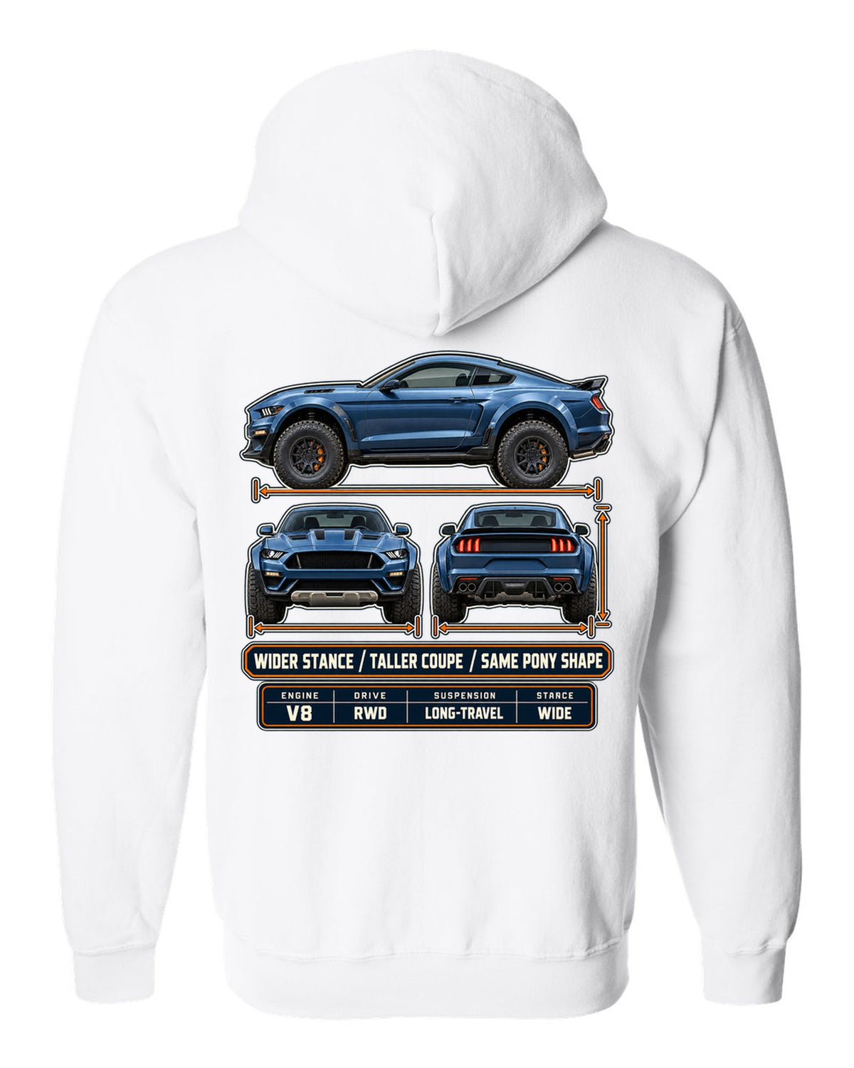 print of a Mustang Raptor concept three-view drawing with spec table and pony shape text white zip hoodie back view with the design