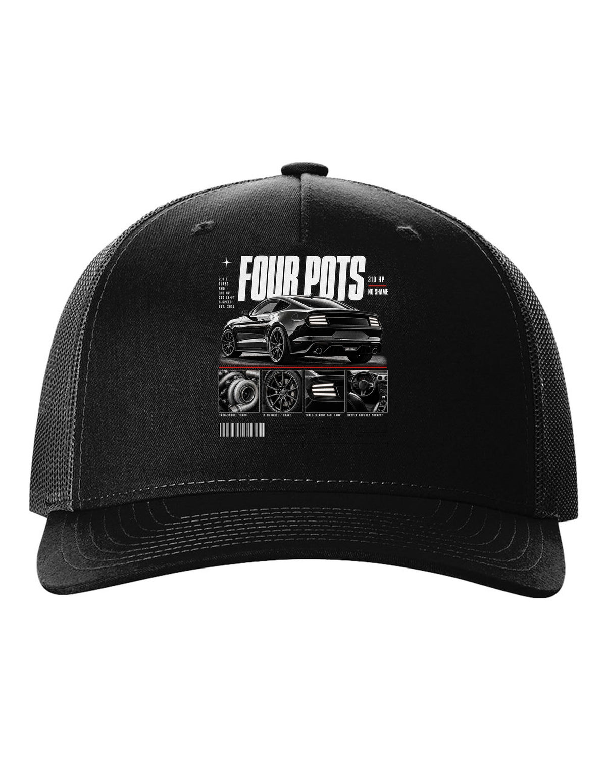 Dossier panel print of a 2015-17 Ford Mustang S550 EcoBoost fastback black hat front view with the design