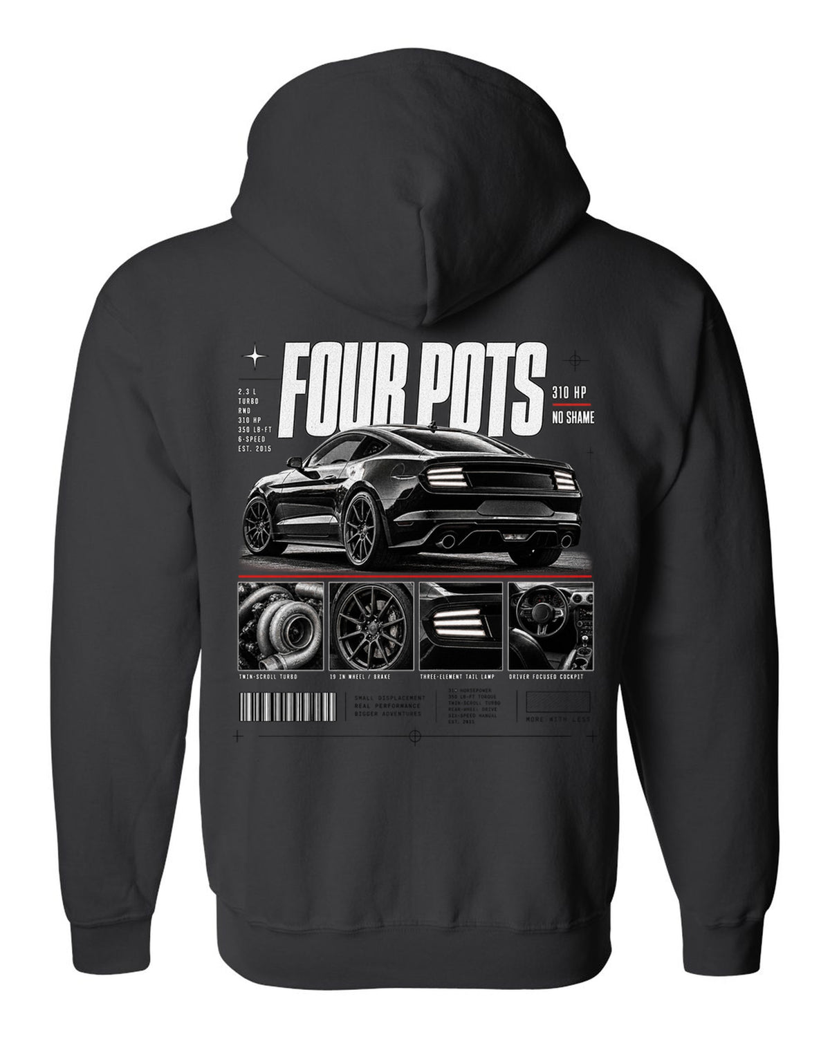 Dossier panel print of a 2015-17 Ford Mustang S550 EcoBoost fastback black zip hoodie back view with the design