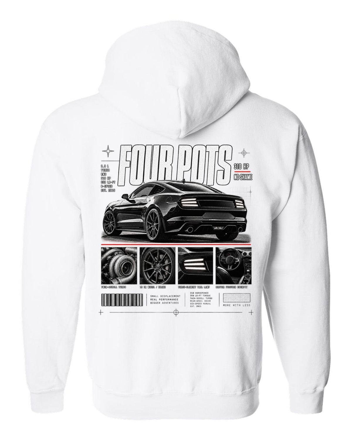 Dossier panel print of a 2015-17 Ford Mustang S550 EcoBoost fastback white zip hoodie back view with the design