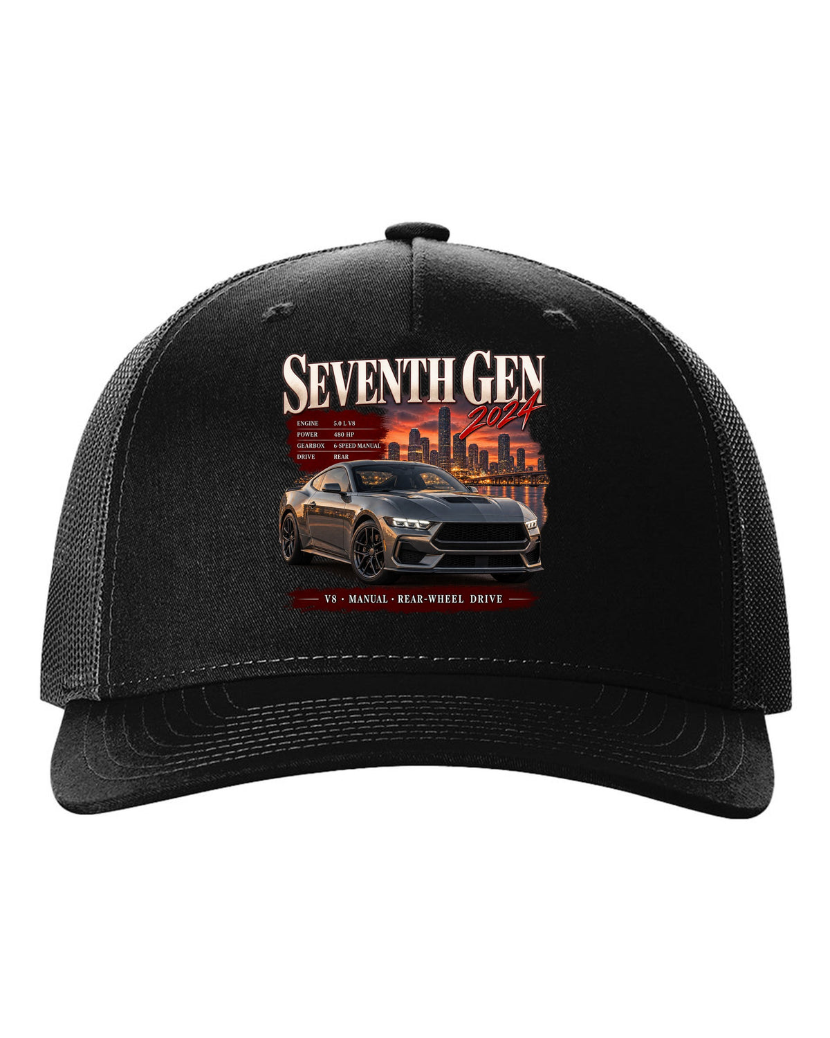 Ford Mustang S650 GT archive panel print reading Seventh Gen 2024 black hat front view with the design