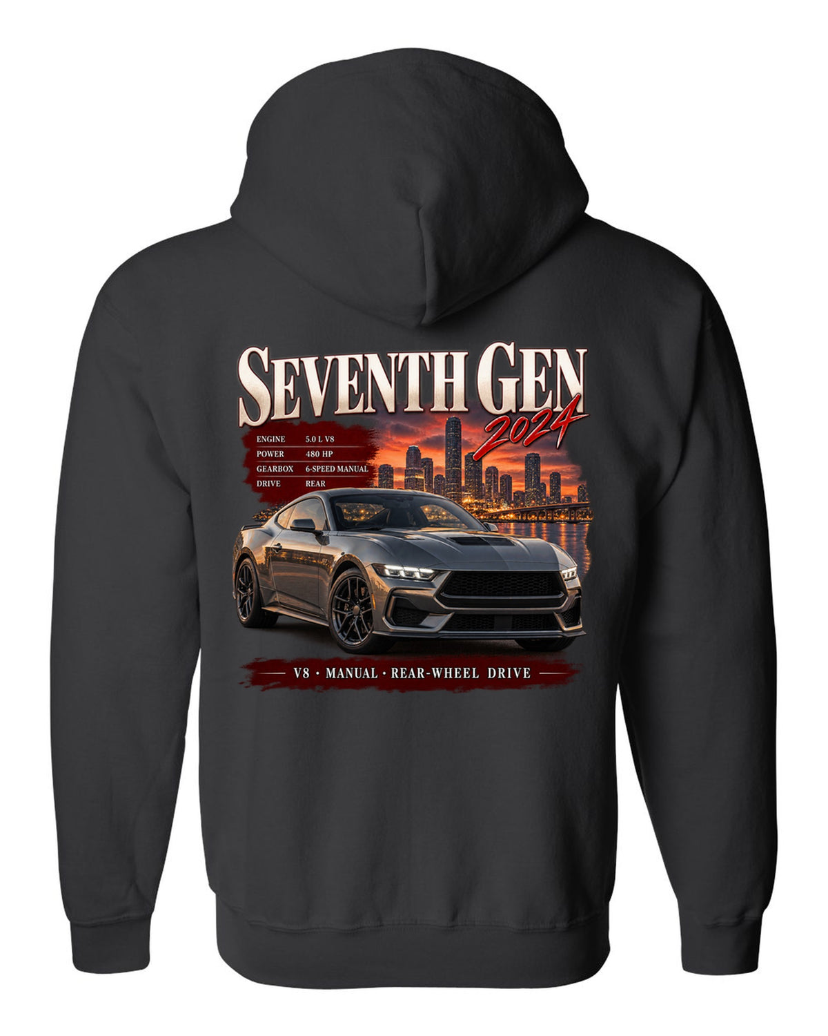 Ford Mustang S650 GT archive panel print reading Seventh Gen 2024 black zip hoodie back view with the design