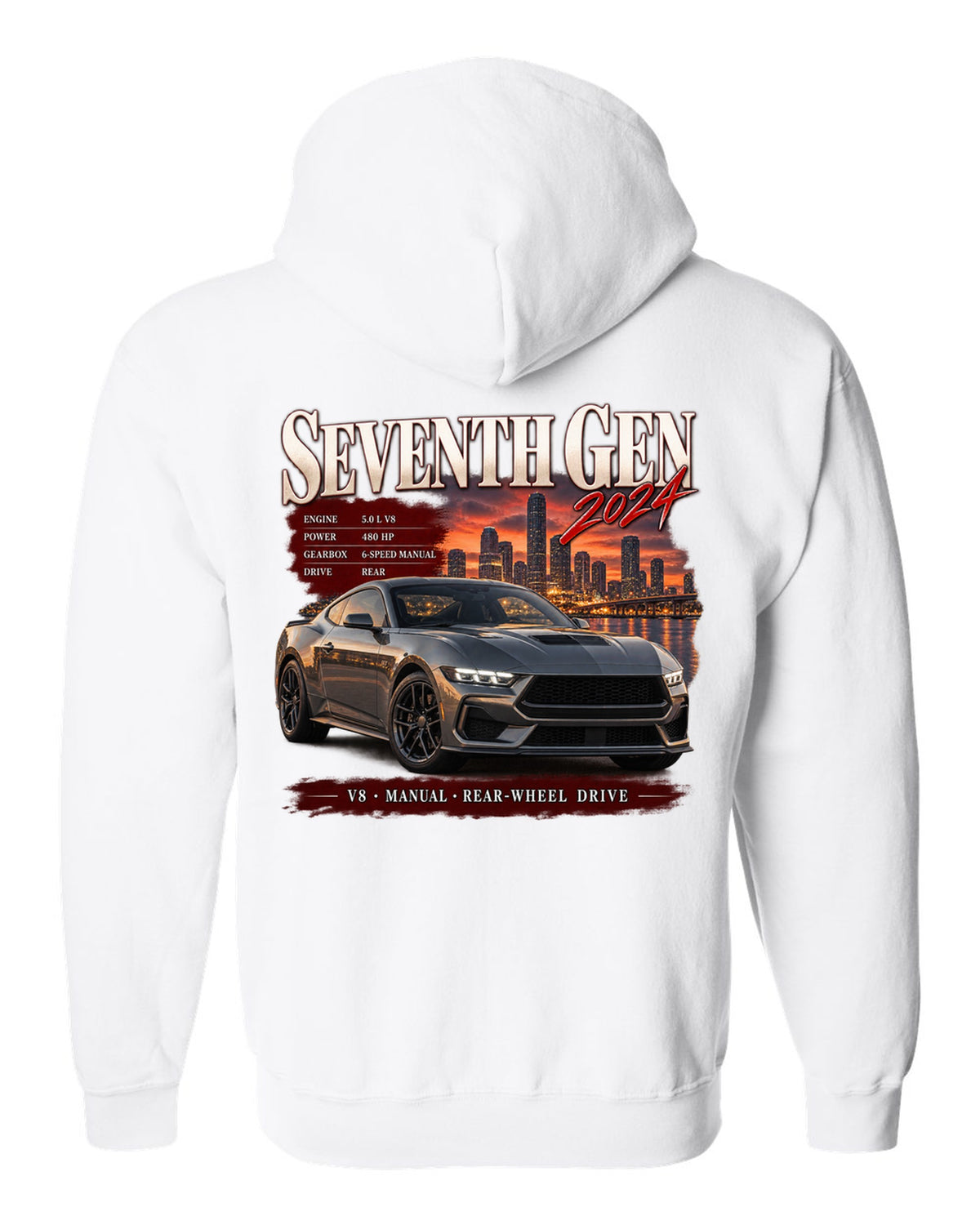 Ford Mustang S650 GT archive panel print reading Seventh Gen 2024 white zip hoodie back view with the design