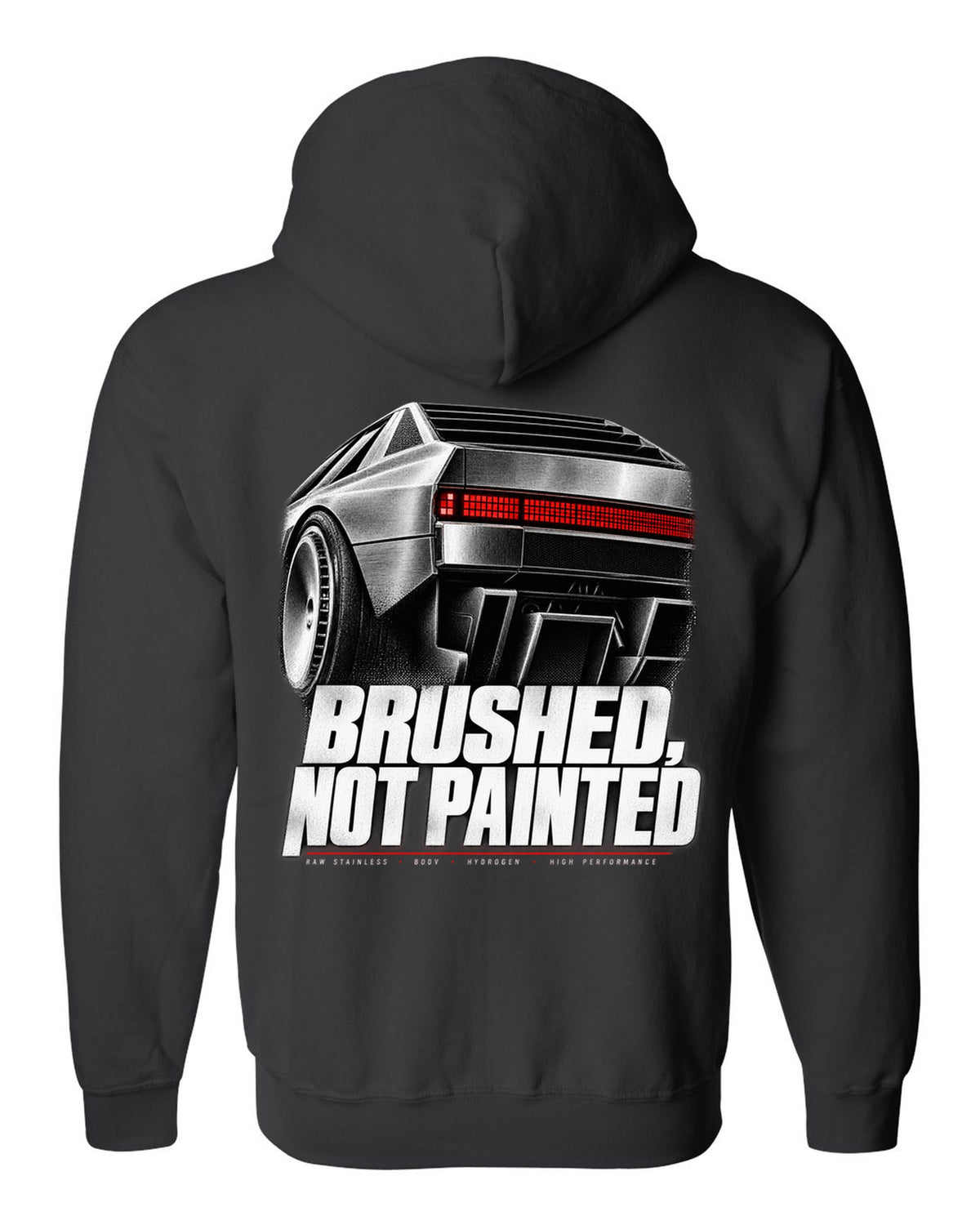 Hyundai N Vision 74 rear three-quarter macro print of pixel taillights black zip hoodie back view with the design